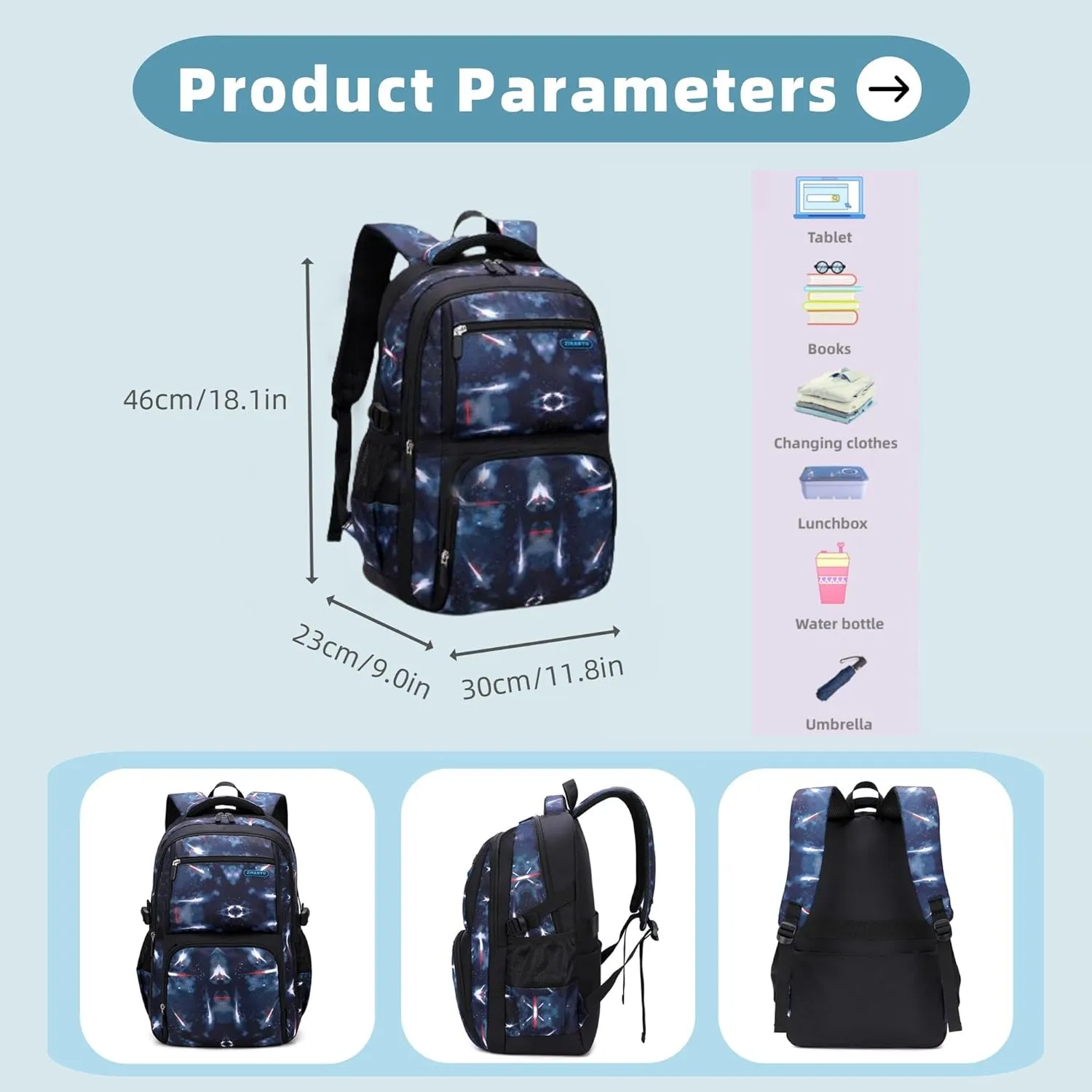 Space Print Boys Backpacks for School Elementary, Galaxy Backpacks for Boys Water-resistant School Bags Bookbags, Sky-blue