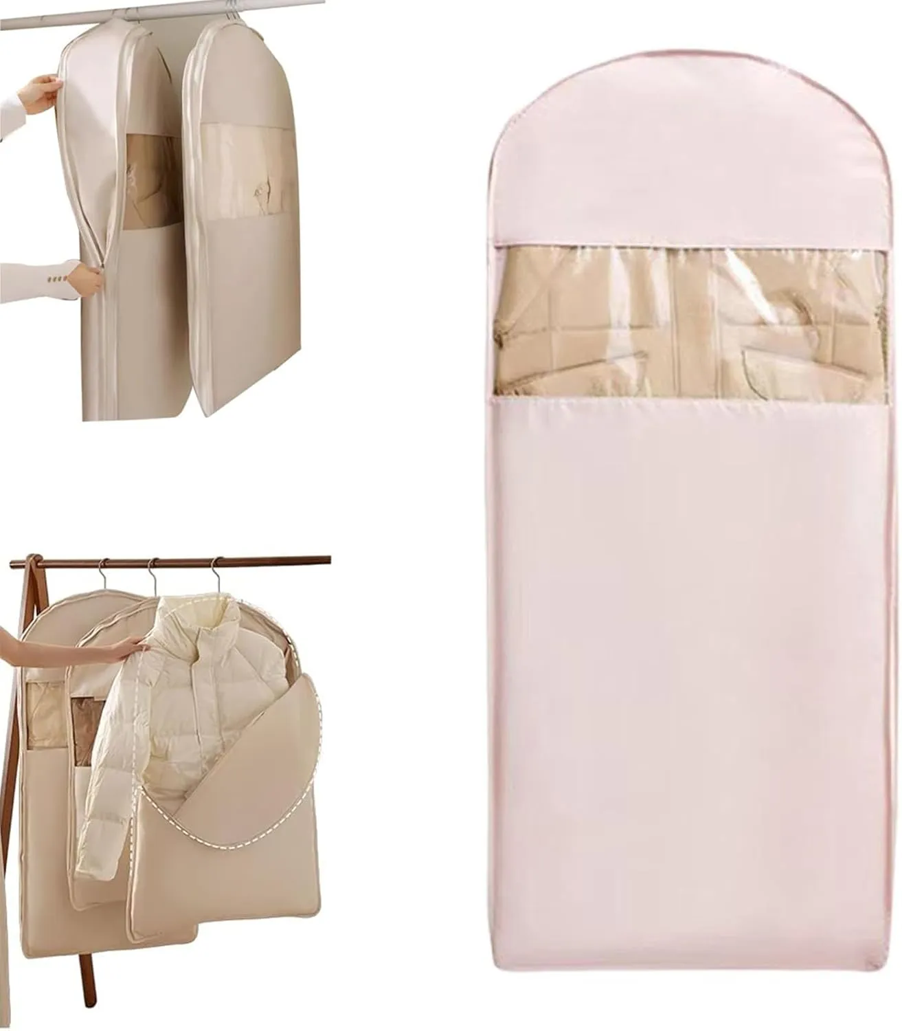 Space Saving Hanging Garment Bag with Self Compression Zipper, Space Saver Closet Organizers, Otherwise Garment Bag Dust Proof Storage, Clothes Cover Protectors for Travel Home Down Coat (Pink, L)