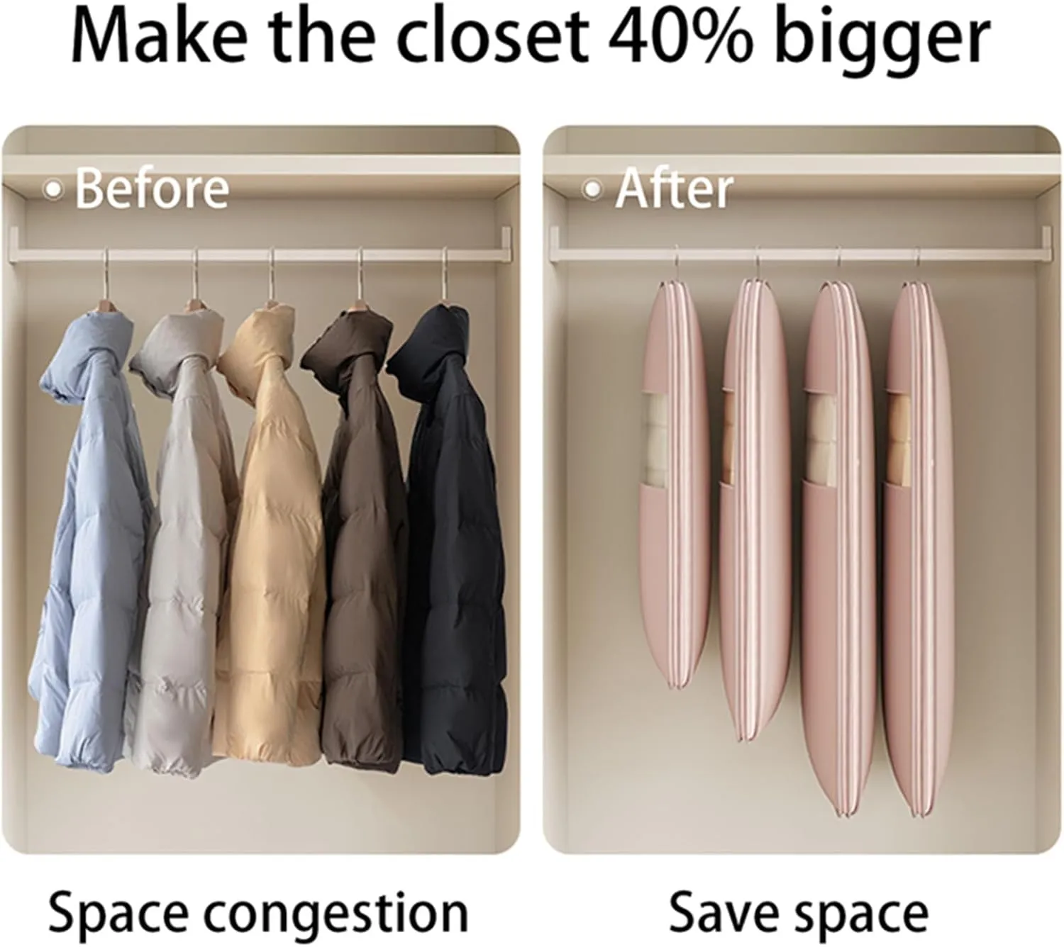 Space Saving Hanging Garment Bag with Self Compression Zipper, Space Saver Closet Organizers, Otherwise Garment Bag Dust Proof Storage, Clothes Cover Protectors for Travel Home Down Coat (Pink, L)