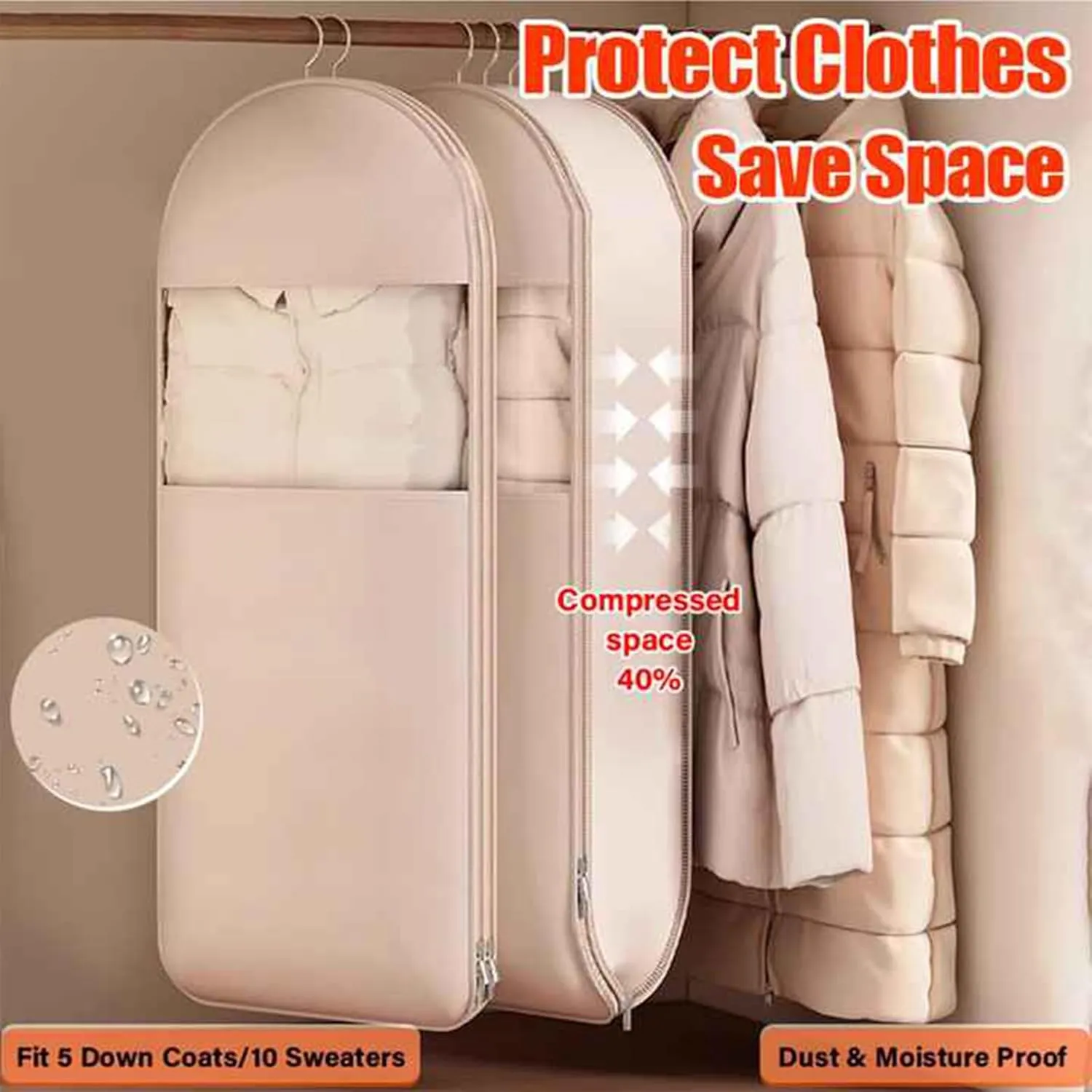 Space Saving Hanging Garment Bag with Self Compression Zipper, Space Saver Closet Organizers, Otherwise Garment Bag Dust Proof Storage, Clothes Cover Protectors for Travel Home Down Coat (Pink, L)