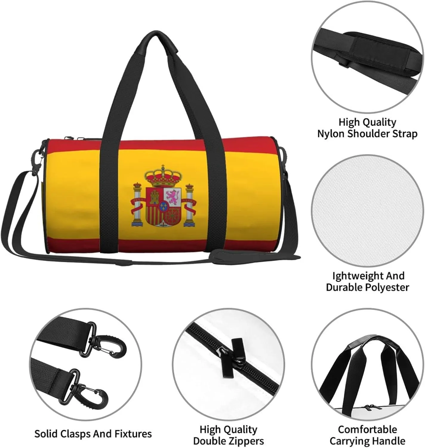 Spanish Flag Round Travel Duffle Bags Gym Training Holdall Large Sport Bags for Men Women Handbag