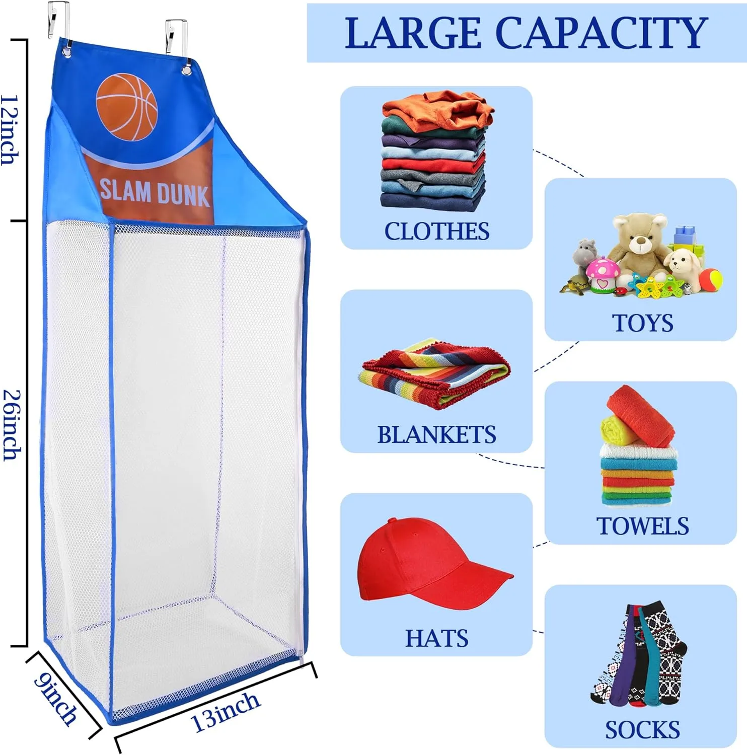 SPINFOX 2 Pack Over the Door Laundry Hamper, Hanging Basketball Laundry Hamper with Zipper, Foldable Mesh Laundry Bakset for Dirty Cloth Toy Towel Saving Space Storage and Organization - Basketball