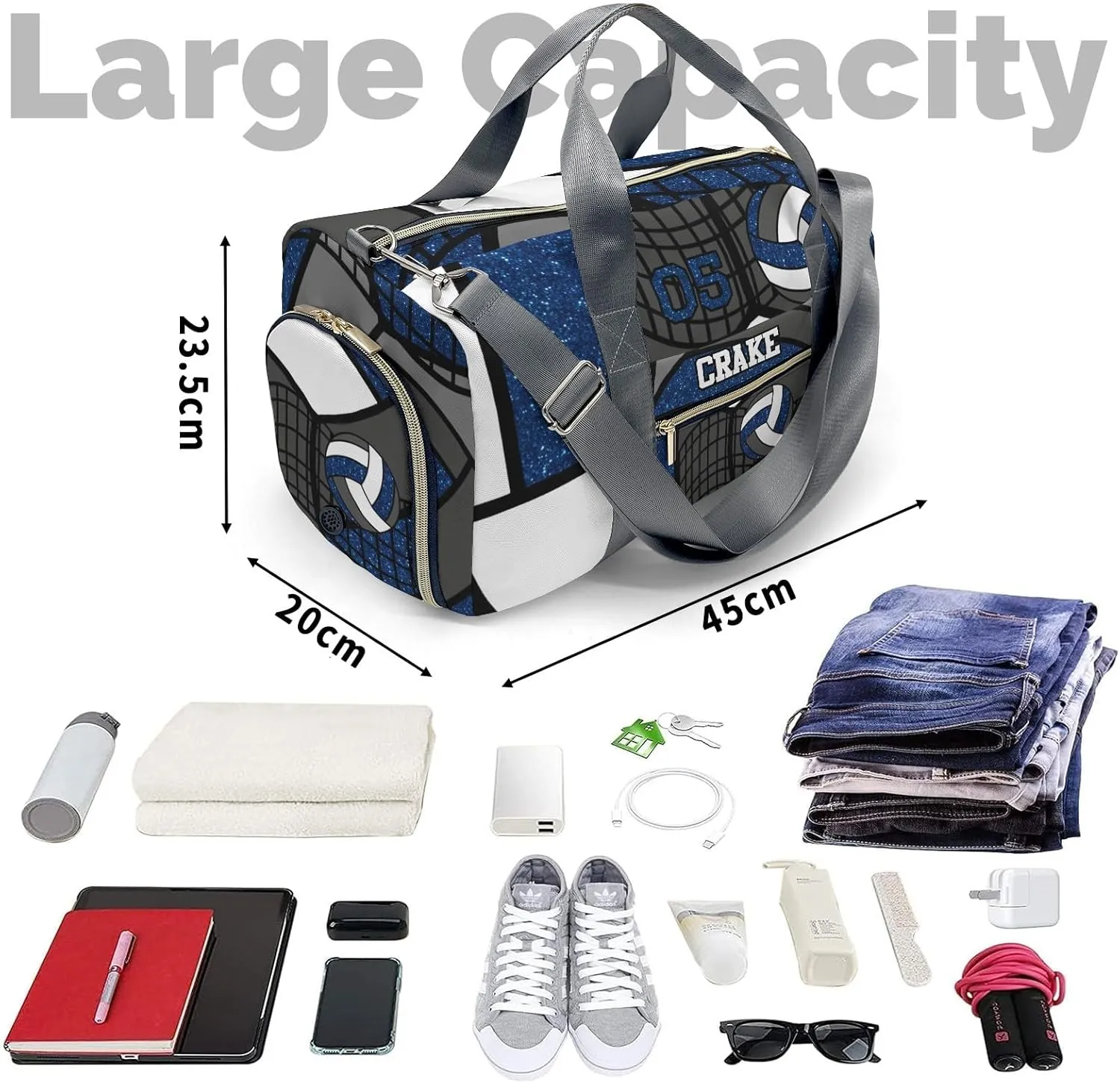 Sport Player Gym Bags Travel Duffle Bag,Volleyball Glitter Royal Weekender Duffel Bag with Shoe Compartment,Personalized Workout Duffle Sports Bag for Travel Yoga