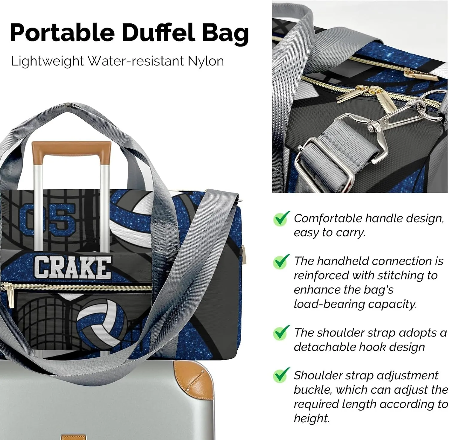 Sport Player Gym Bags Travel Duffle Bag,Volleyball Glitter Royal Weekender Duffel Bag with Shoe Compartment,Personalized Workout Duffle Sports Bag for Travel Yoga