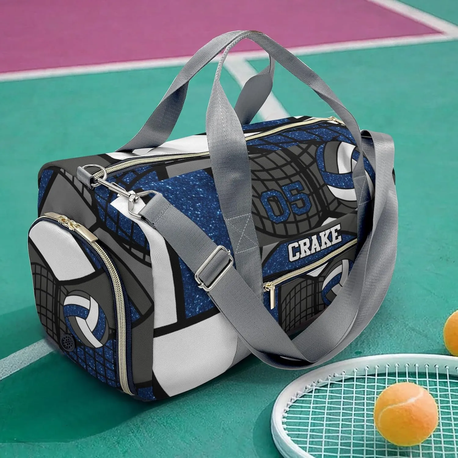 Sport Player Gym Bags Travel Duffle Bag,Volleyball Glitter Royal Weekender Duffel Bag with Shoe Compartment,Personalized Workout Duffle Sports Bag for Travel Yoga