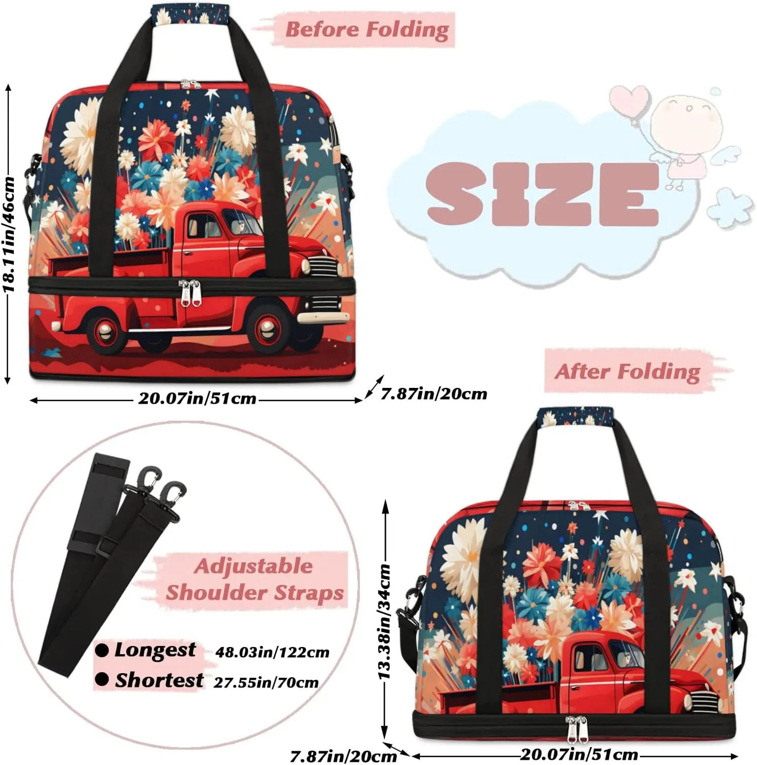 Sports Duffel Bag, Foldable Memorial Day Travel Duffel Bag, Gym Yoga Beach Bag Weekender Overnight Bag with Shoes Compartment for Men Women, Red Truck