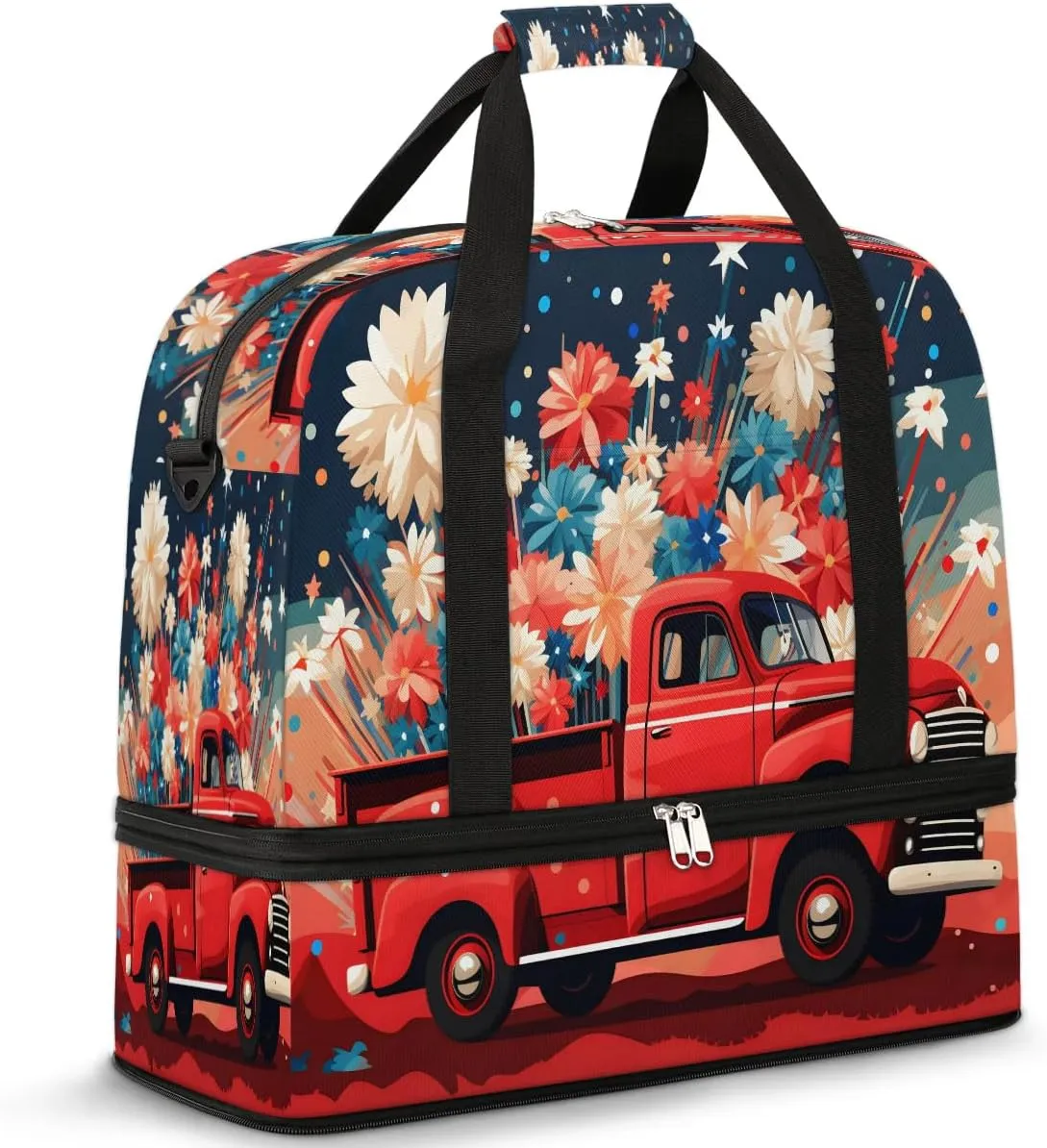 Sports Duffel Bag, Foldable Memorial Day Travel Duffel Bag, Gym Yoga Beach Bag Weekender Overnight Bag with Shoes Compartment for Men Women, Red Truck