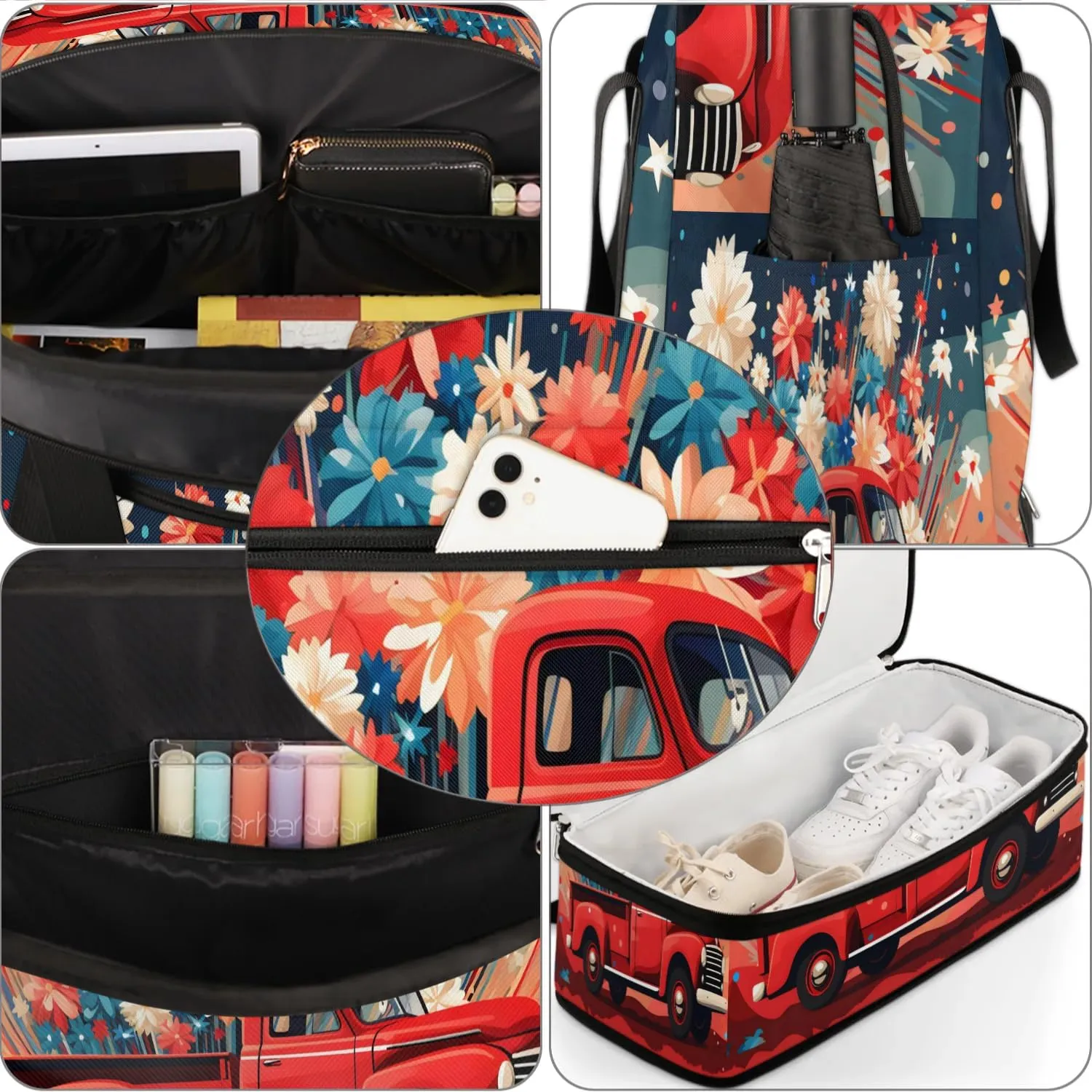 Sports Duffel Bag, Foldable Memorial Day Travel Duffel Bag, Gym Yoga Beach Bag Weekender Overnight Bag with Shoes Compartment for Men Women, Red Truck