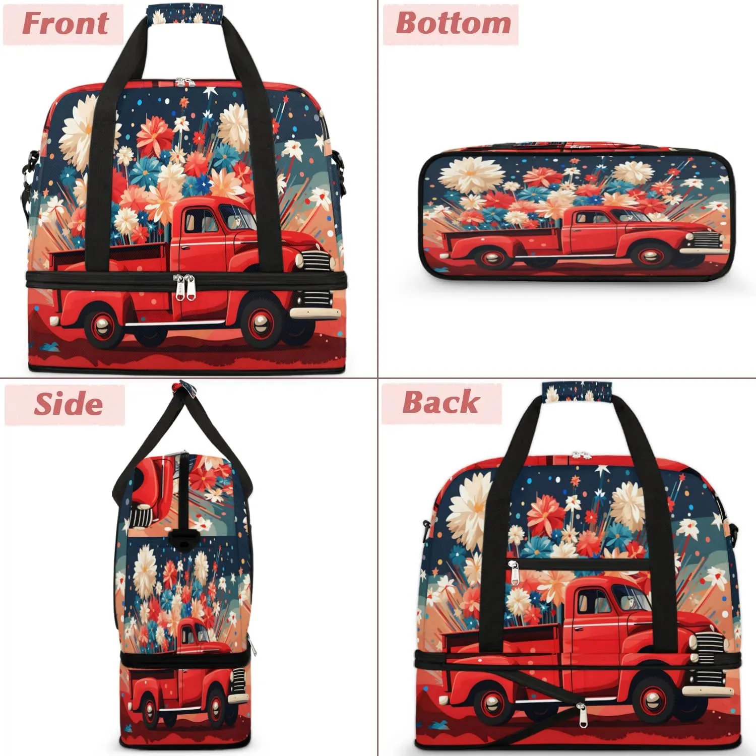 Sports Duffel Bag, Foldable Memorial Day Travel Duffel Bag, Gym Yoga Beach Bag Weekender Overnight Bag with Shoes Compartment for Men Women, Red Truck