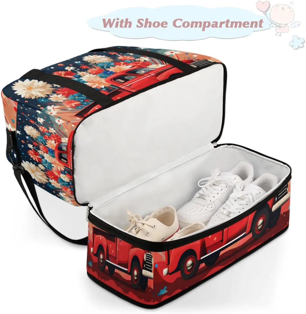 Sports Duffel Bag, Foldable Memorial Day Travel Duffel Bag, Gym Yoga Beach Bag Weekender Overnight Bag with Shoes Compartment for Men Women, Red Truck