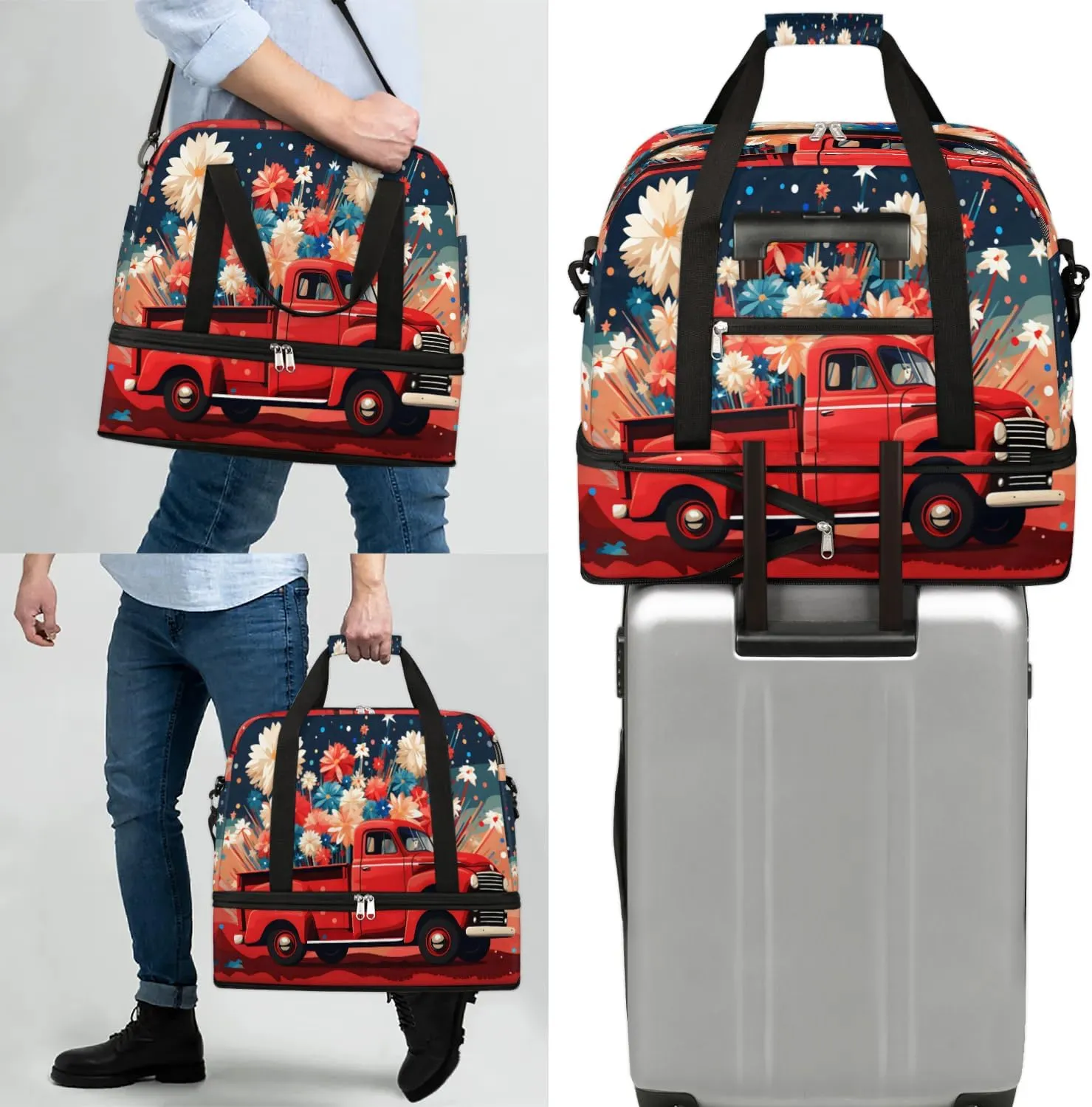 Sports Duffel Bag, Foldable Memorial Day Travel Duffel Bag, Gym Yoga Beach Bag Weekender Overnight Bag with Shoes Compartment for Men Women, Red Truck