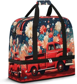Sports Duffel Bag, Foldable Memorial Day Travel Duffel Bag, Gym Yoga Beach Bag Weekender Overnight Bag with Shoes Compartment for Men Women, Red Truck