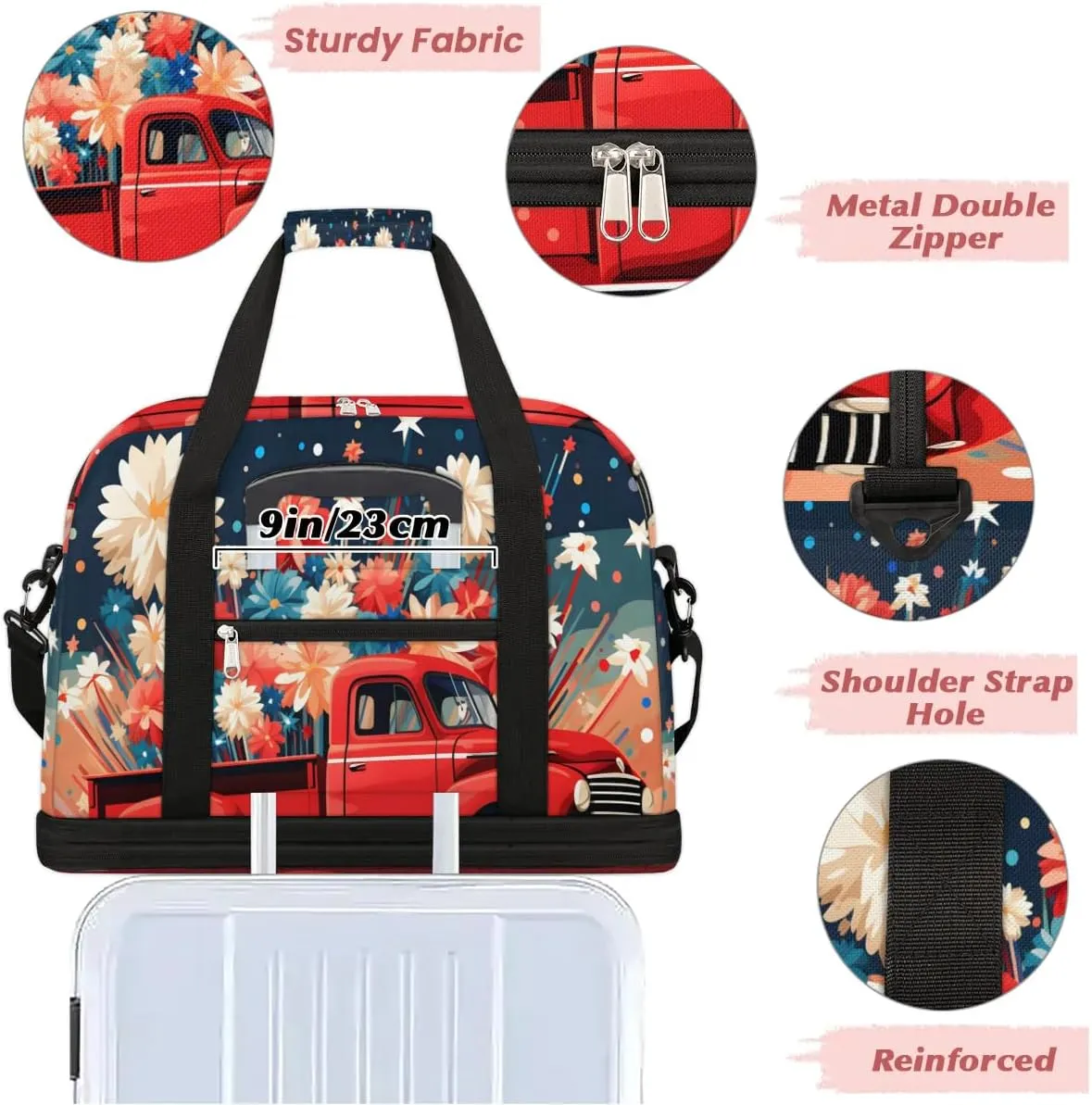 Sports Duffel Bag, Foldable Memorial Day Travel Duffel Bag, Gym Yoga Beach Bag Weekender Overnight Bag with Shoes Compartment for Men Women, Red Truck