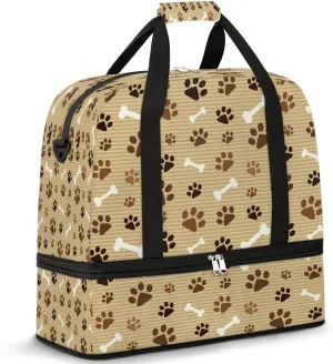 Sports Duffel Bag, Foldable Pawprint Animal Paw Travel Duffel Bag, Gym Yoga Beach Bag Weekender Overnight Bag with Shoes Compartment for Men Women, Footprint with Bones
