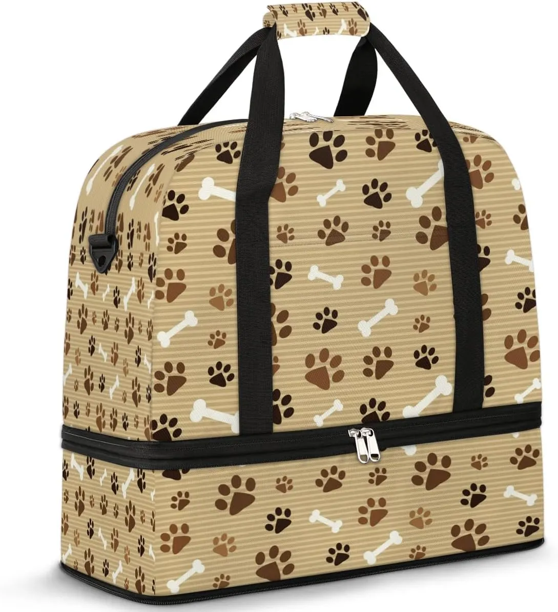 Sports Duffel Bag, Foldable Pawprint Animal Paw Travel Duffel Bag, Gym Yoga Beach Bag Weekender Overnight Bag with Shoes Compartment for Men Women, Footprint with Bones