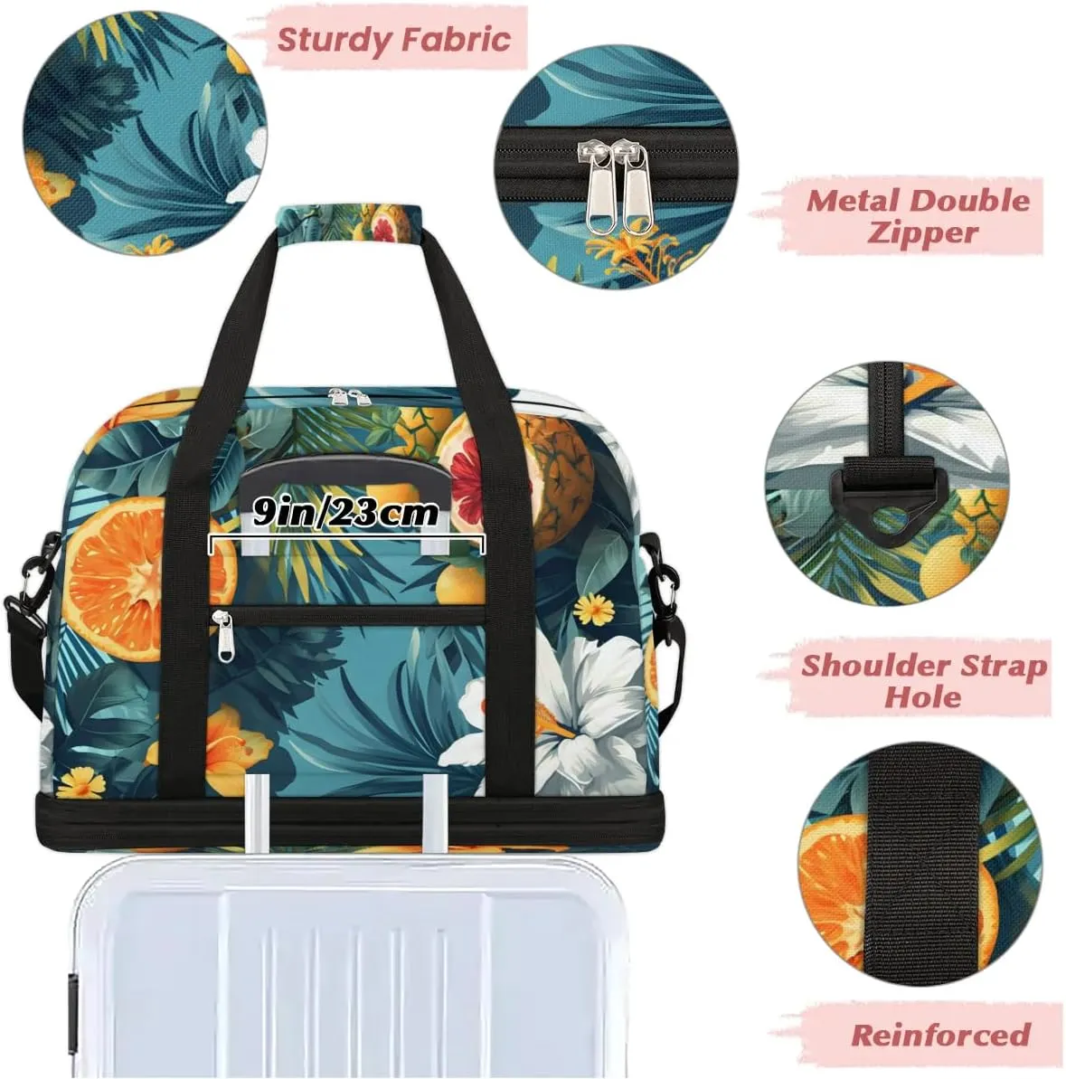 Sports Duffel Bag, Foldable Tropical Lilies Flower Travel Duffel Bag, Gym Yoga Beach Bag Weekender Overnight Bag with Shoes Compartment for Men Women, Green Palm Leaf