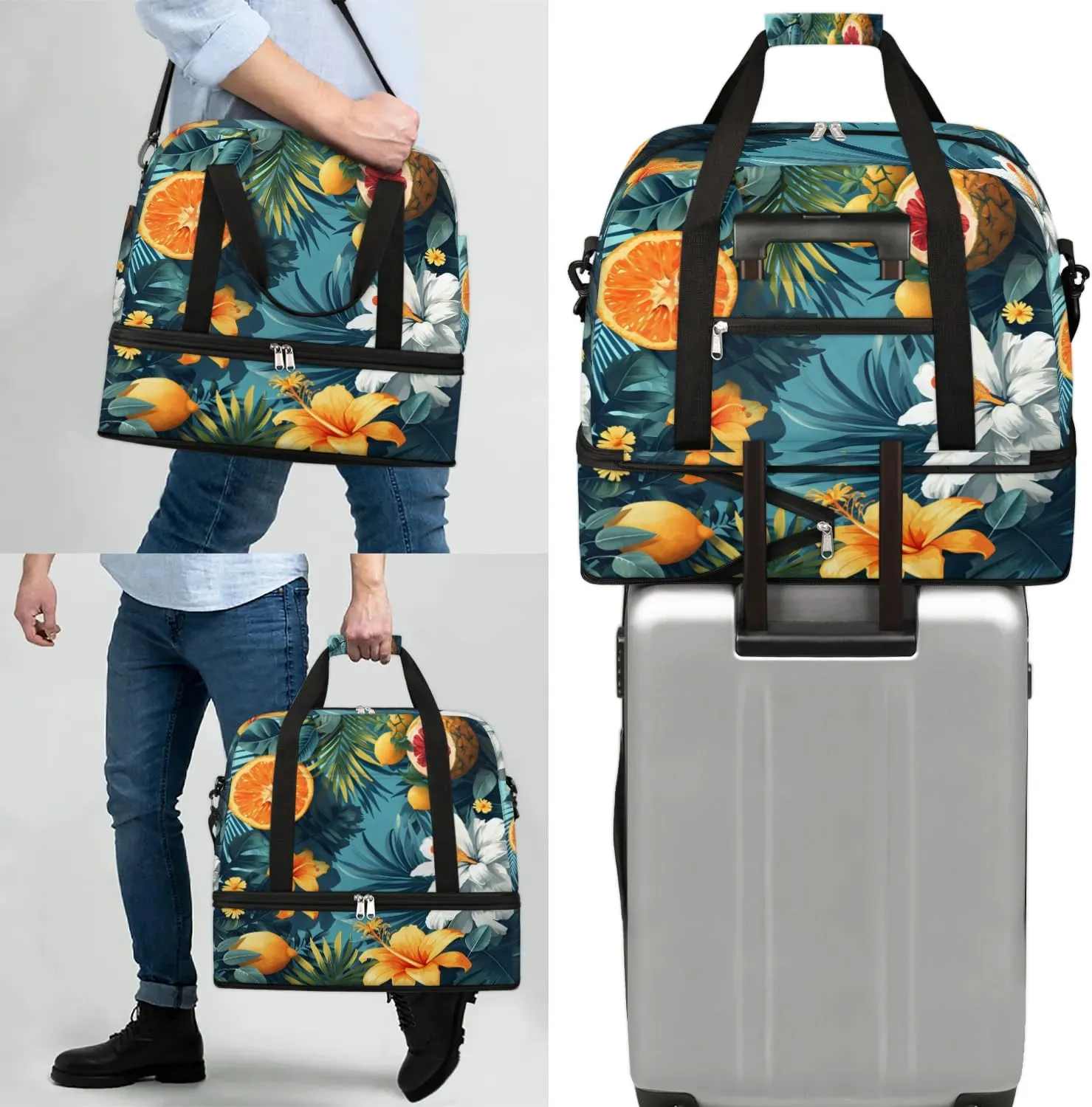 Sports Duffel Bag, Foldable Tropical Lilies Flower Travel Duffel Bag, Gym Yoga Beach Bag Weekender Overnight Bag with Shoes Compartment for Men Women, Green Palm Leaf