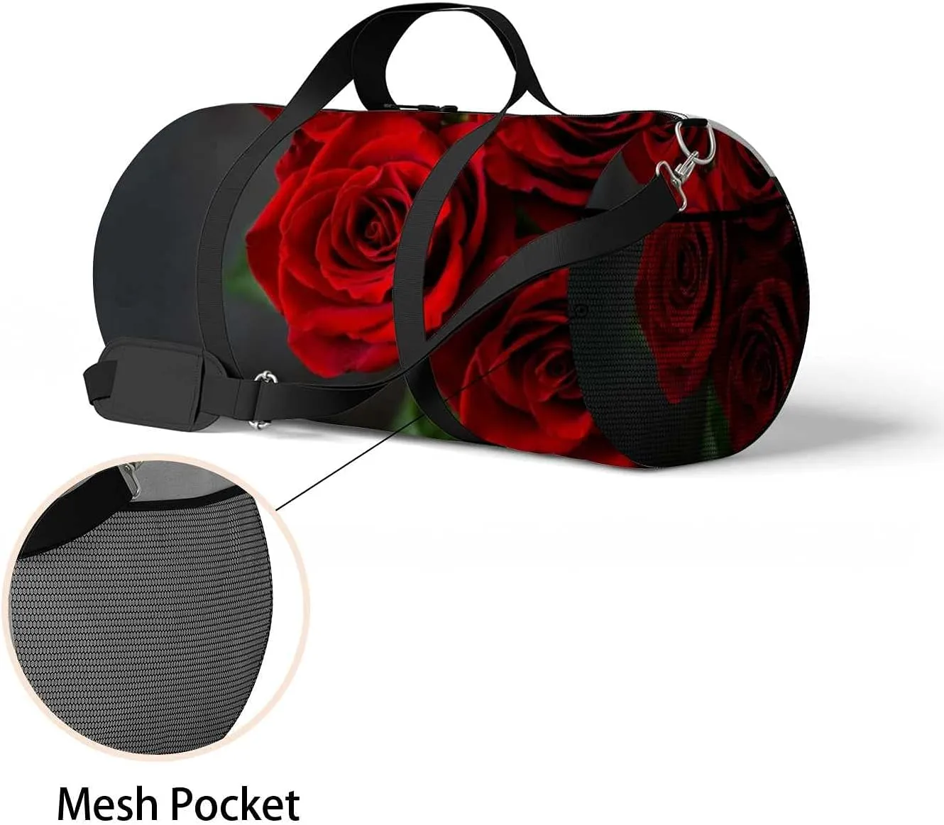 Sports Gym Bag for Women and Men Waterproof Bouquet Red Roses on Black Duffel Bag Lightweight Carryon Traveling Boarding Gripsack