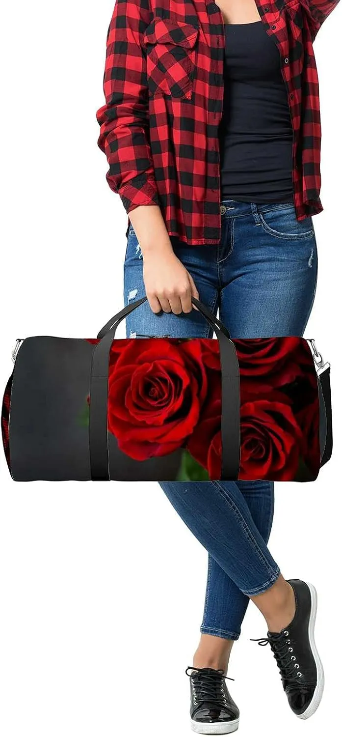 Sports Gym Bag for Women and Men Waterproof Bouquet Red Roses on Black Duffel Bag Lightweight Carryon Traveling Boarding Gripsack