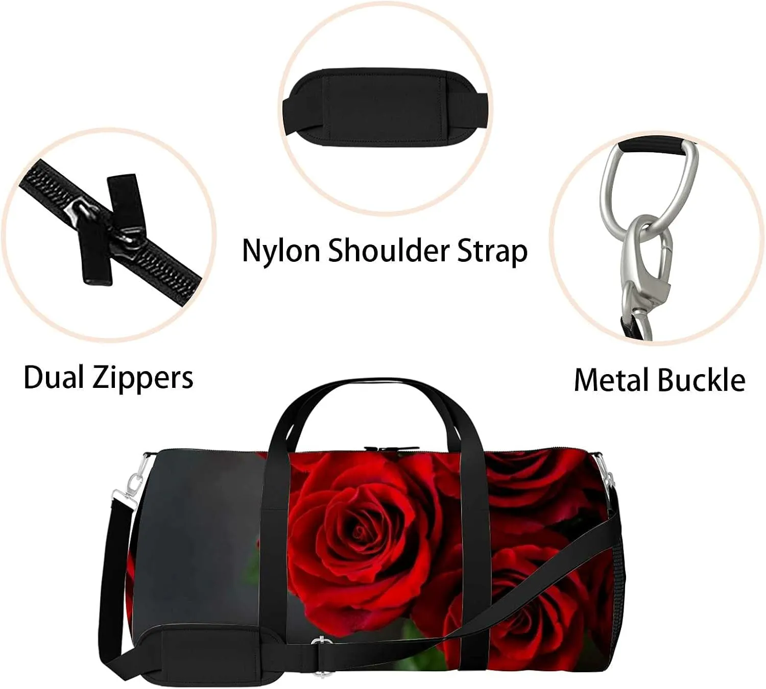 Sports Gym Bag for Women and Men Waterproof Bouquet Red Roses on Black Duffel Bag Lightweight Carryon Traveling Boarding Gripsack