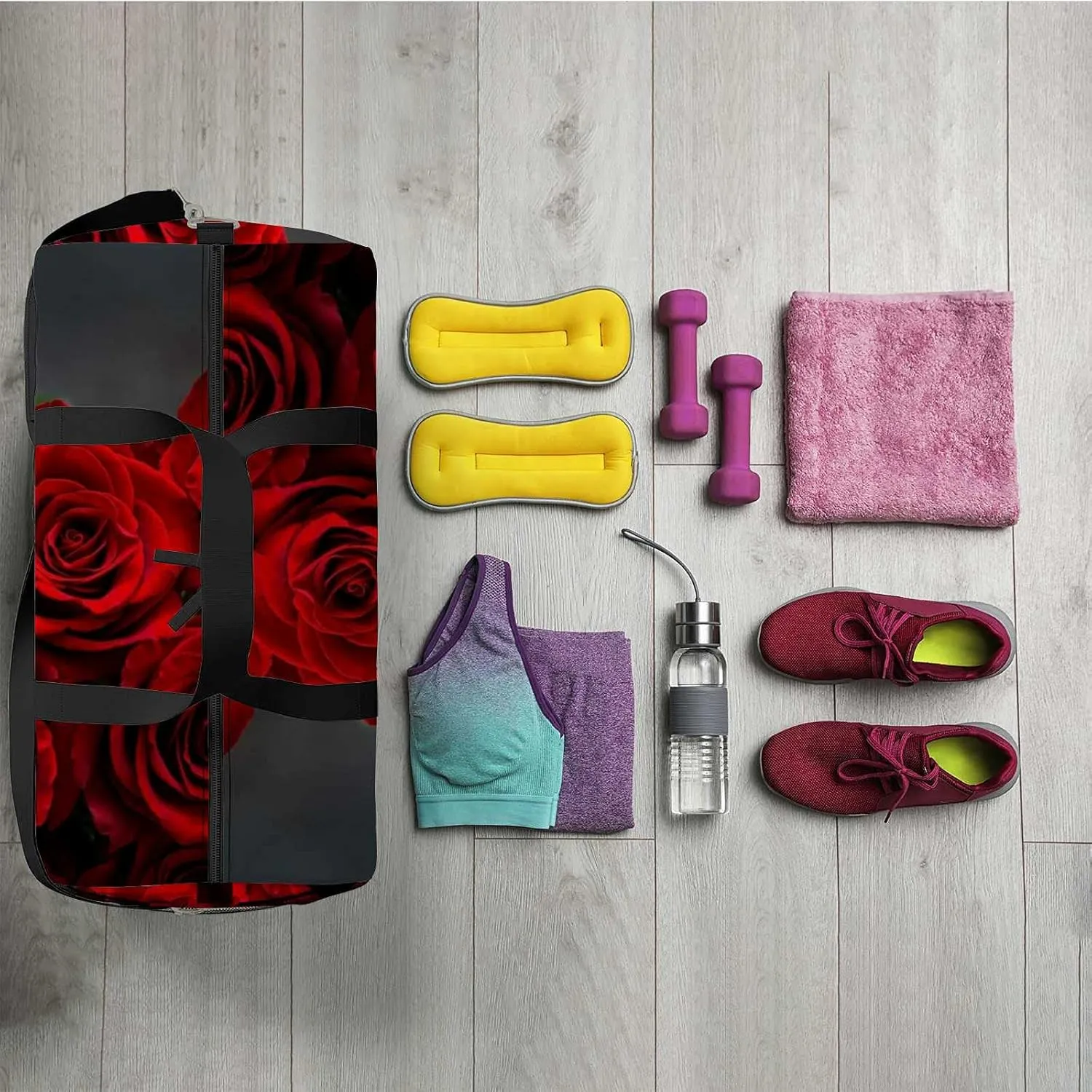 Sports Gym Bag for Women and Men Waterproof Bouquet Red Roses on Black Duffel Bag Lightweight Carryon Traveling Boarding Gripsack