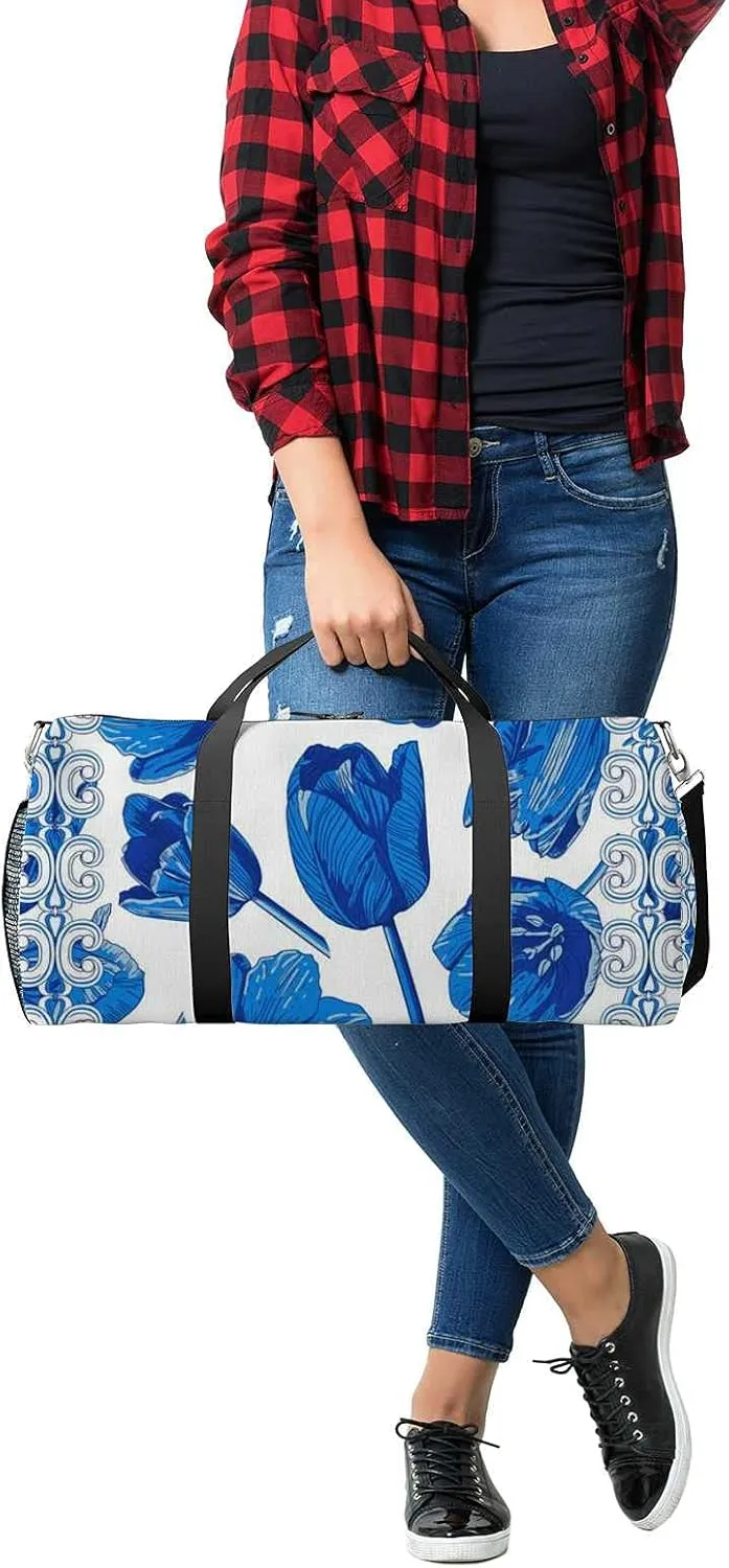 Sports Gym Bag for Women and Men Waterproof Flowers In Blue And White Duffel Bag Lightweight Carryon Traveling Boarding Gripsack