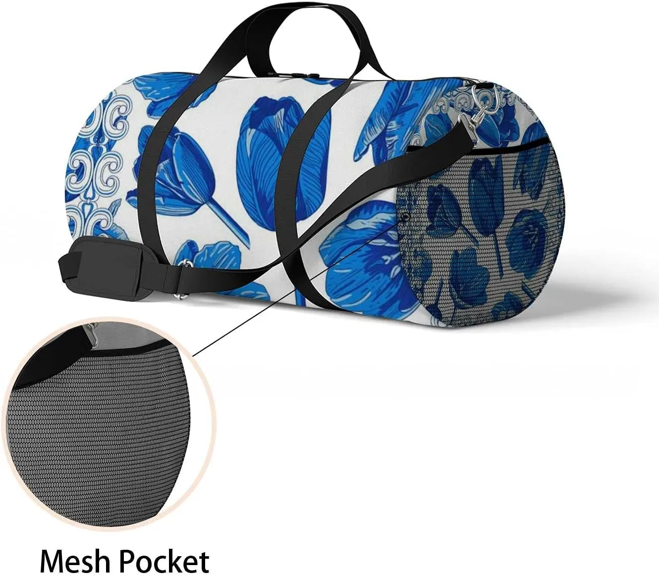 Sports Gym Bag for Women and Men Waterproof Flowers In Blue And White Duffel Bag Lightweight Carryon Traveling Boarding Gripsack