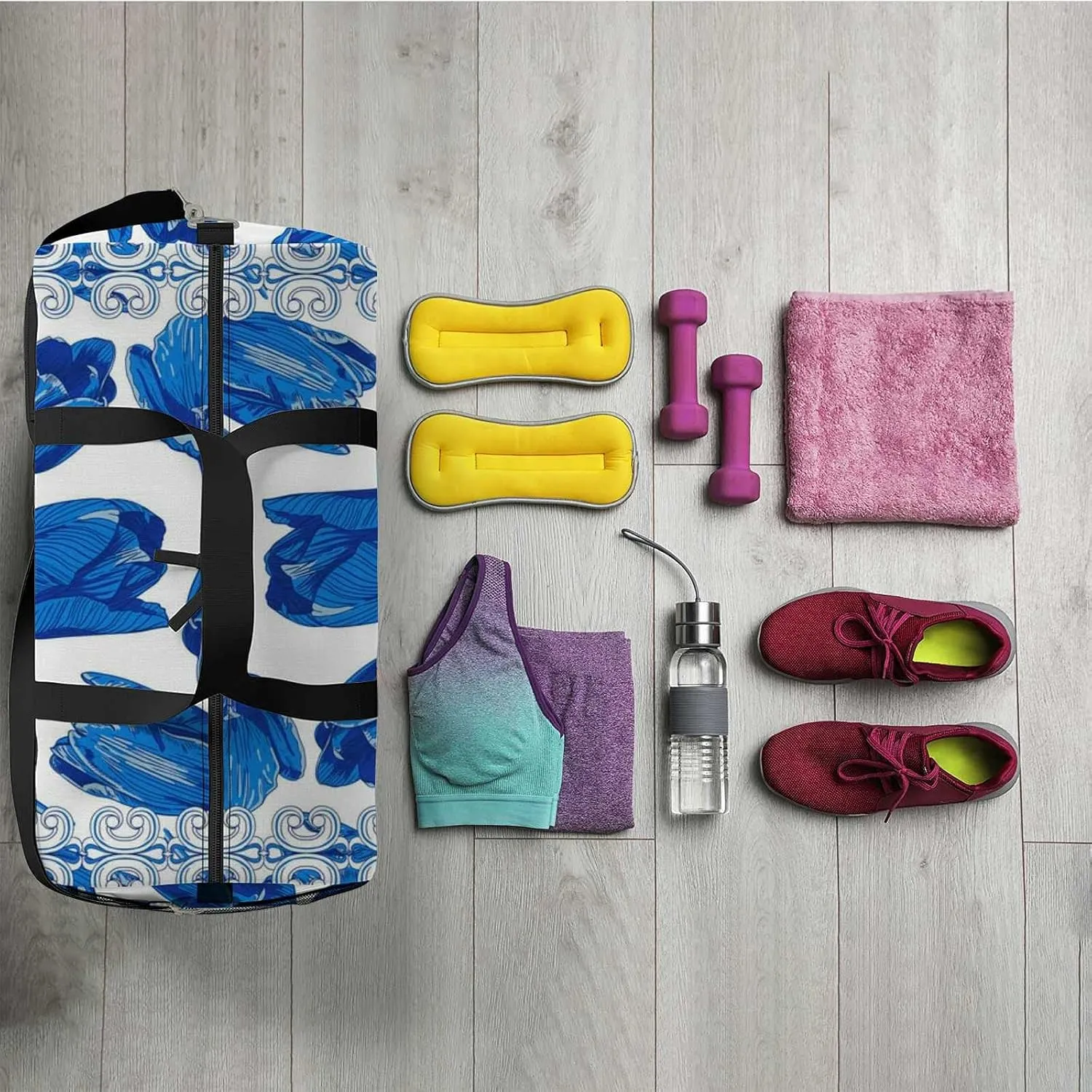 Sports Gym Bag for Women and Men Waterproof Flowers In Blue And White Duffel Bag Lightweight Carryon Traveling Boarding Gripsack