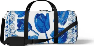 Sports Gym Bag for Women and Men Waterproof Flowers In Blue And White Duffel Bag Lightweight Carryon Traveling Boarding Gripsack