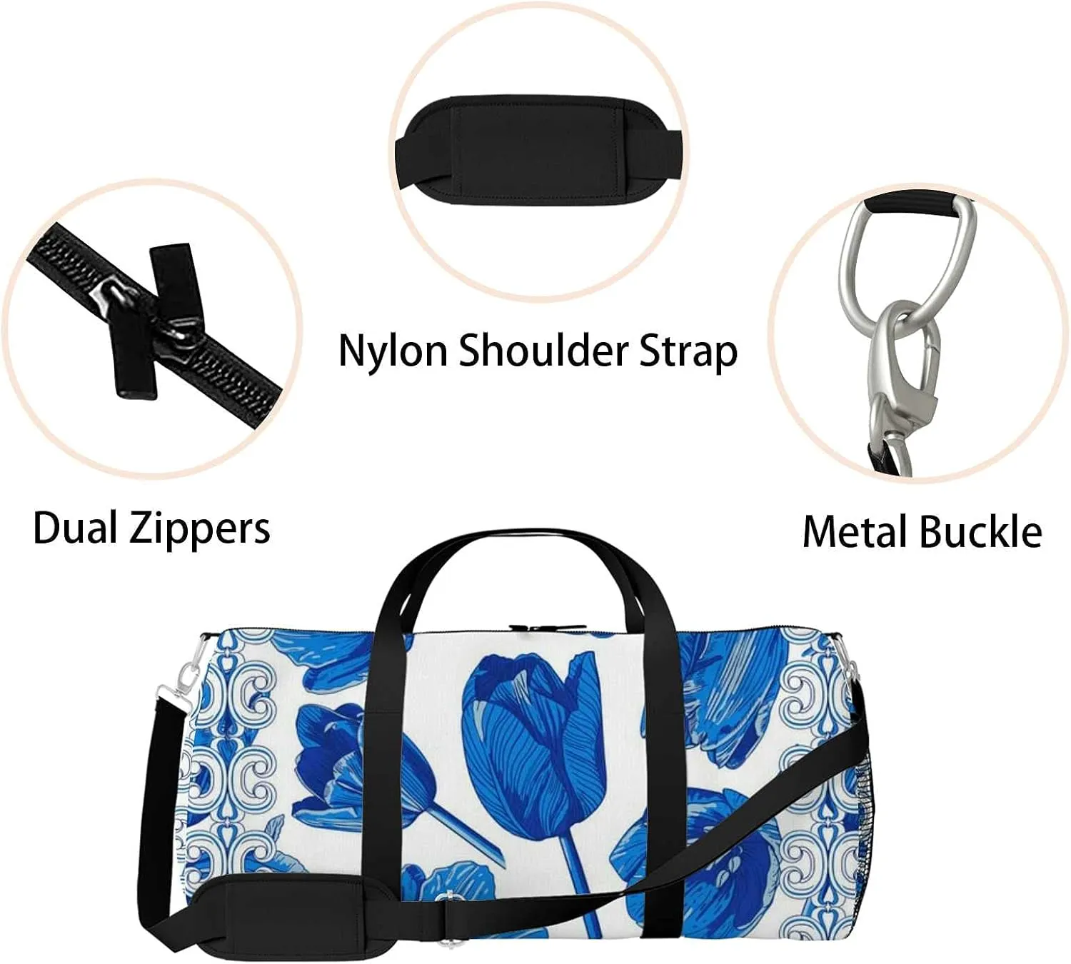 Sports Gym Bag for Women and Men Waterproof Flowers In Blue And White Duffel Bag Lightweight Carryon Traveling Boarding Gripsack