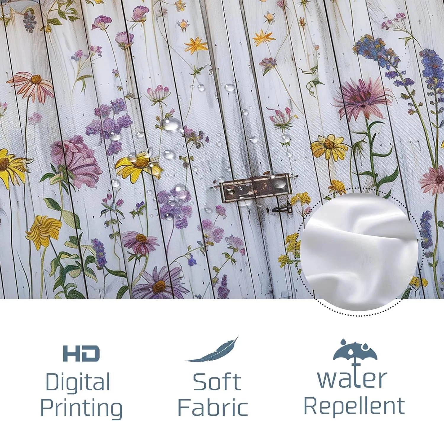 Spring Country Barn Door Shower Curtain Set, Farmhouse Style Wooden Flower Shower Curtain Rustic Floral Bathroom Decor Polyester Fabric-72" x 72"