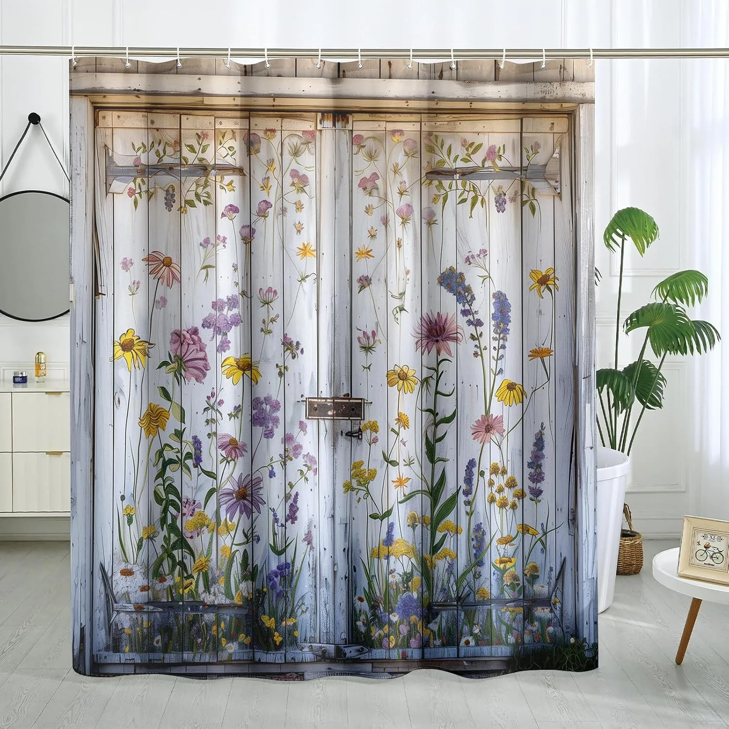 Spring Country Barn Door Shower Curtain Set, Farmhouse Style Wooden Flower Shower Curtain Rustic Floral Bathroom Decor Polyester Fabric-72" x 72"