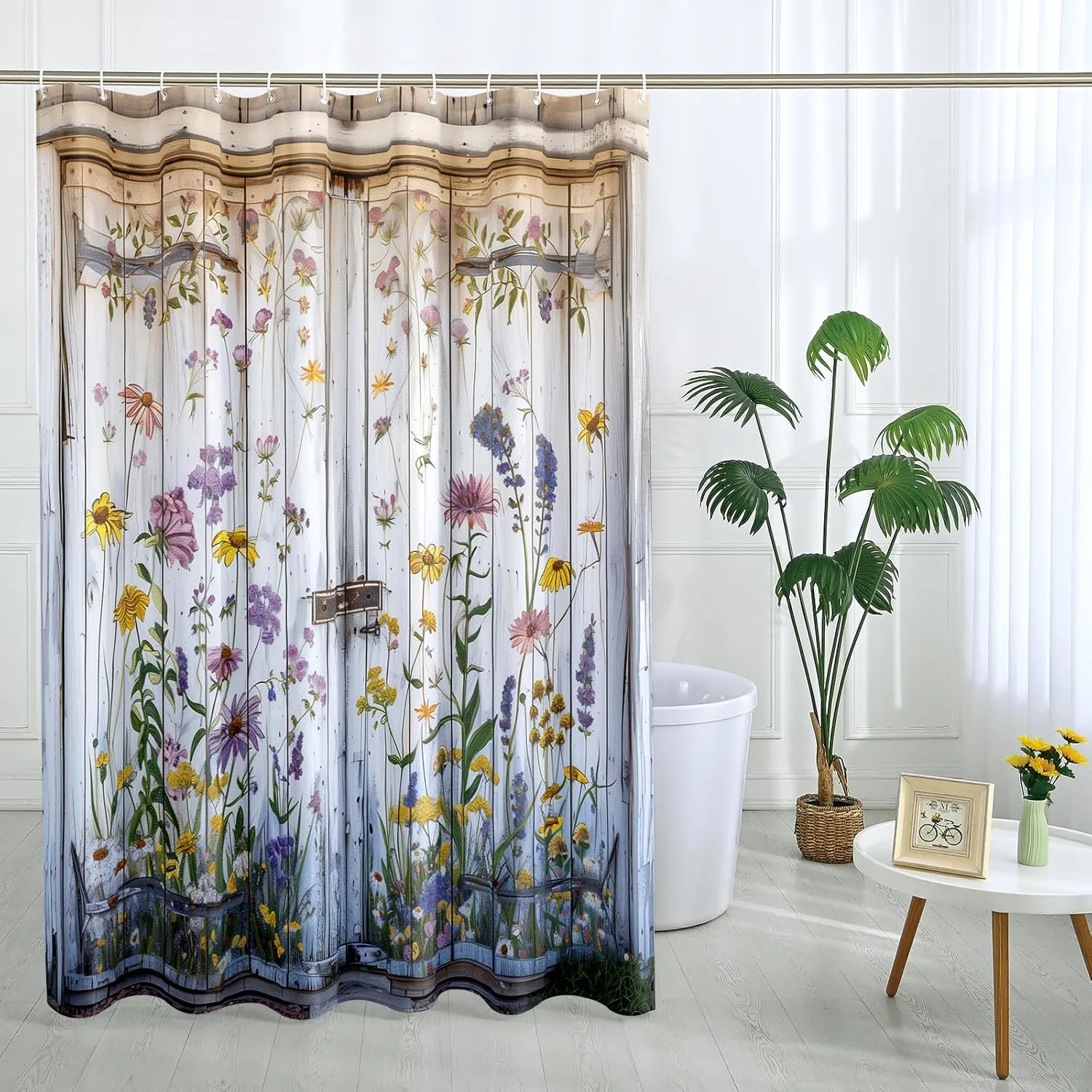 Spring Country Barn Door Shower Curtain Set, Farmhouse Style Wooden Flower Shower Curtain Rustic Floral Bathroom Decor Polyester Fabric-72" x 72"