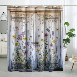 Spring Country Barn Door Shower Curtain Set, Farmhouse Style Wooden Flower Shower Curtain Rustic Floral Bathroom Decor Polyester Fabric-72" x 72"