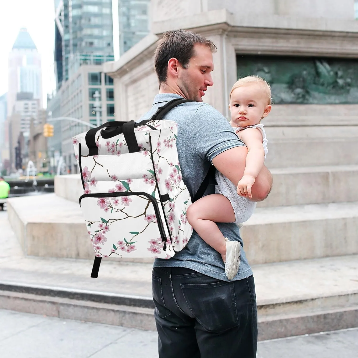 SPRIPORT Cherry Blossom Diaper Bag Backpack for Baby Boys Girls Travel Tote with Stroller Straps & Bottle Storage Large Travel Diaper Backpack for Traveling Shopping Hiking Moms Dads