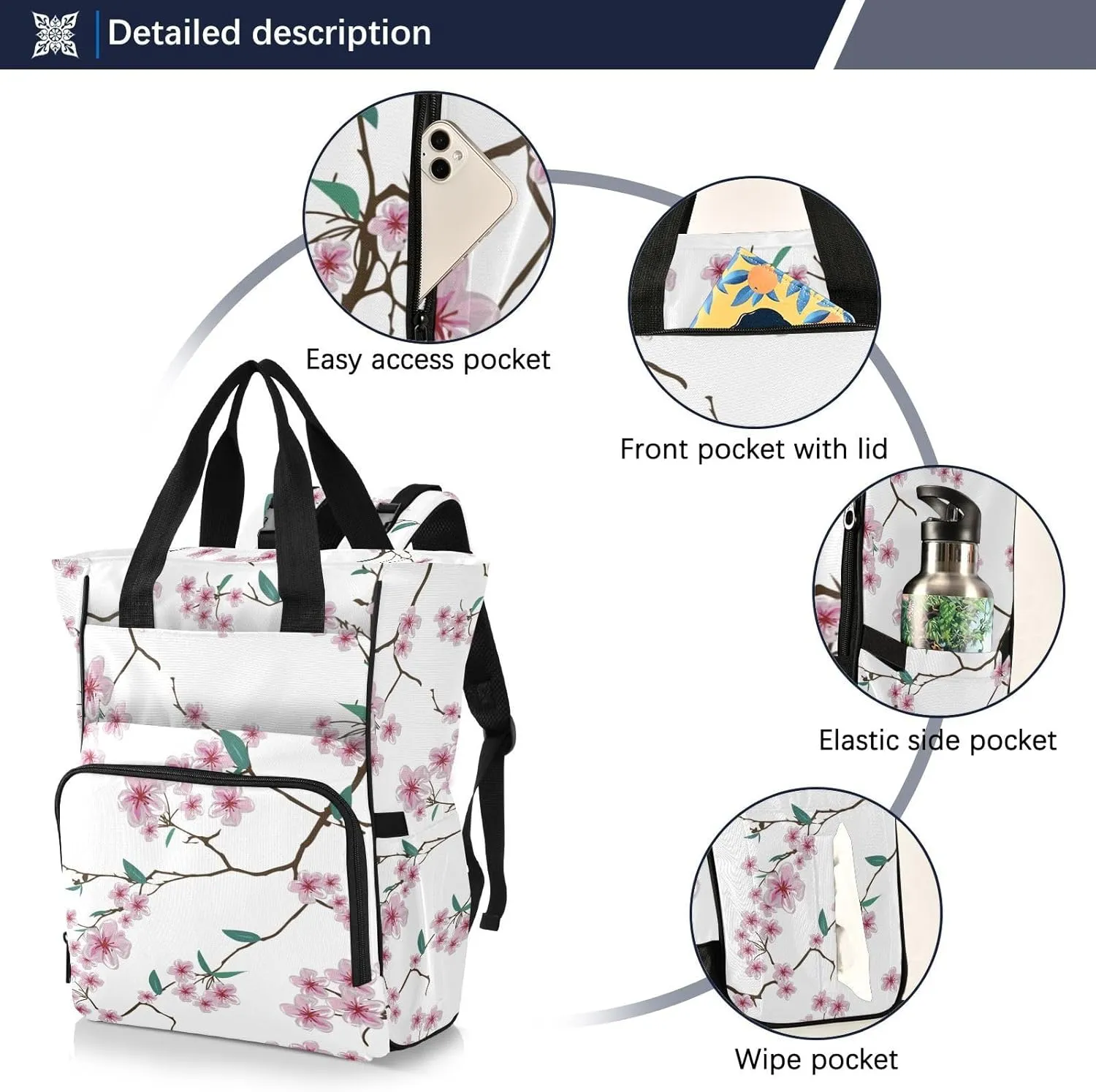 SPRIPORT Cherry Blossom Diaper Bag Backpack for Baby Boys Girls Travel Tote with Stroller Straps & Bottle Storage Large Travel Diaper Backpack for Traveling Shopping Hiking Moms Dads