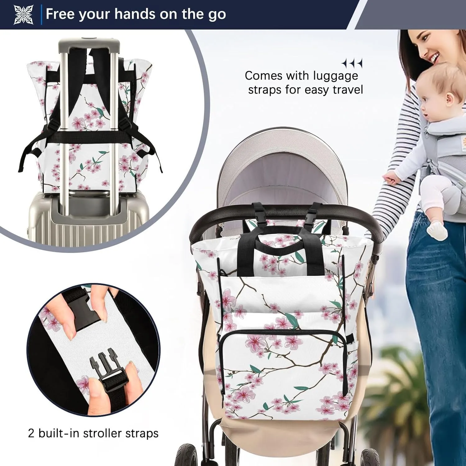 SPRIPORT Cherry Blossom Diaper Bag Backpack for Baby Boys Girls Travel Tote with Stroller Straps & Bottle Storage Large Travel Diaper Backpack for Traveling Shopping Hiking Moms Dads