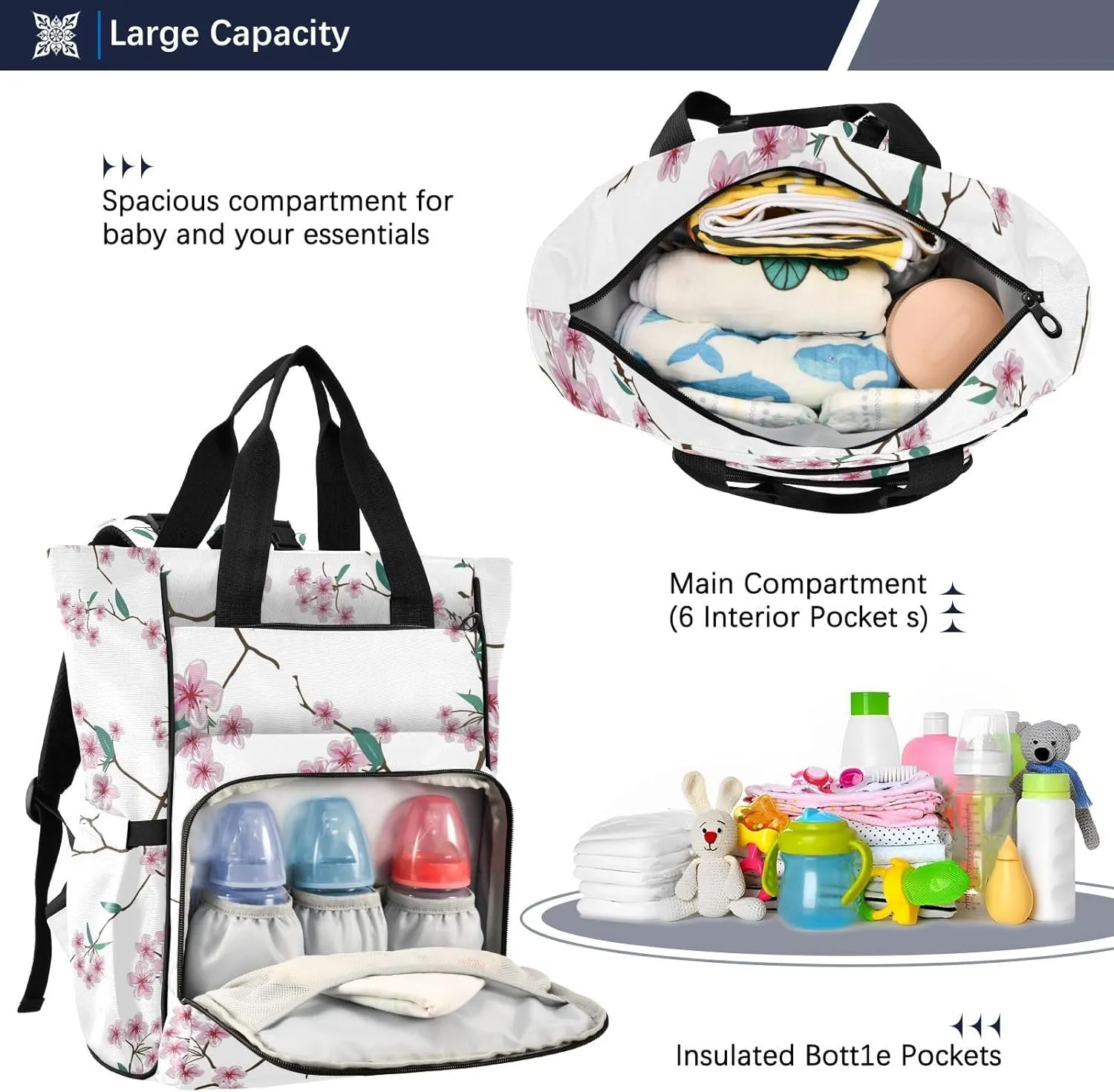 SPRIPORT Cherry Blossom Diaper Bag Backpack for Baby Boys Girls Travel Tote with Stroller Straps & Bottle Storage Large Travel Diaper Backpack for Traveling Shopping Hiking Moms Dads