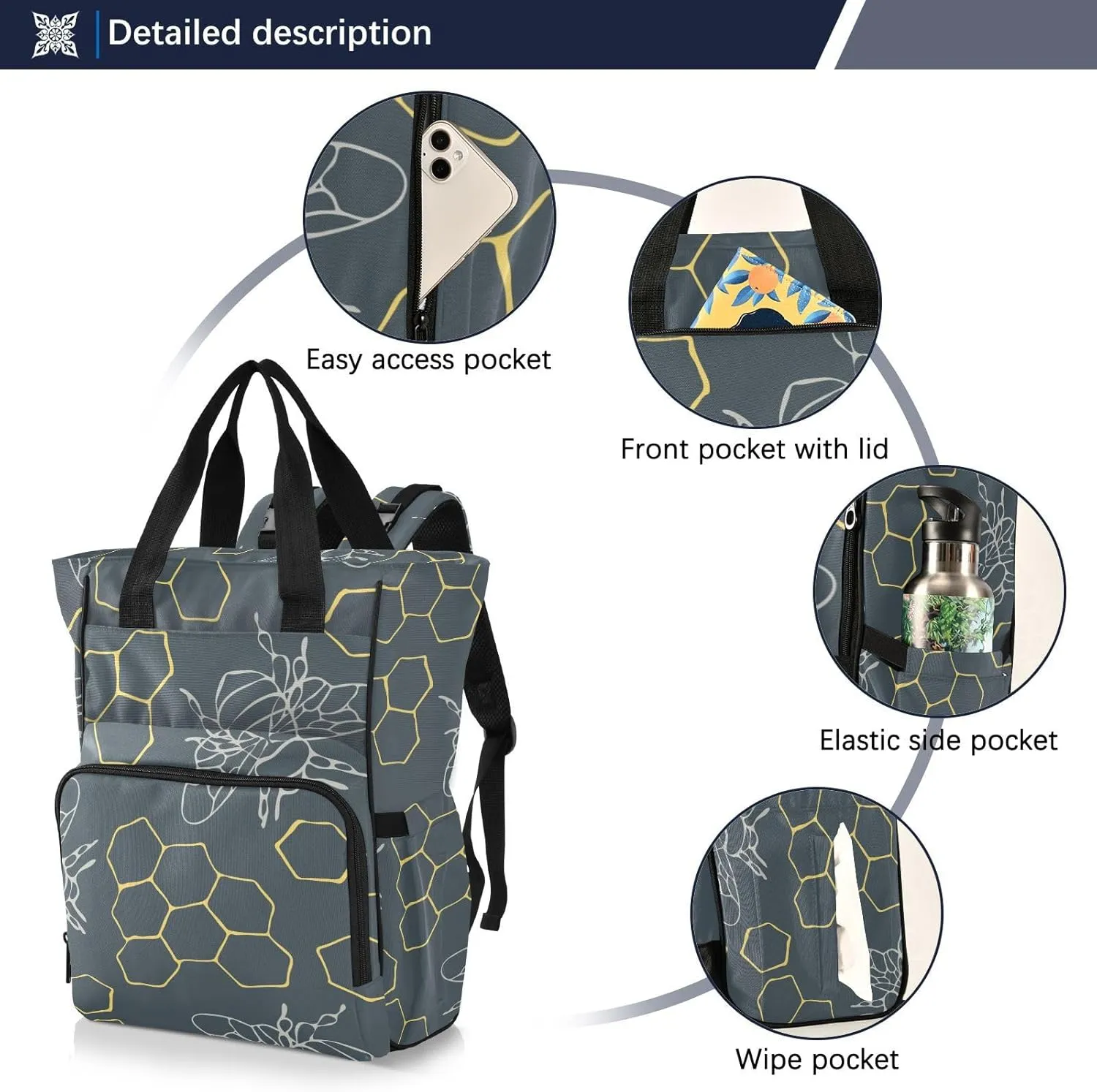 SPRIPORT Honeycomb Bees Diaper Bag Backpack for Baby Boys Girls Multifunction Travel Tote with Stroller Straps & Bottle Storage Large Travel Diaper Backpack for Moms Traveling Shopping Hiking