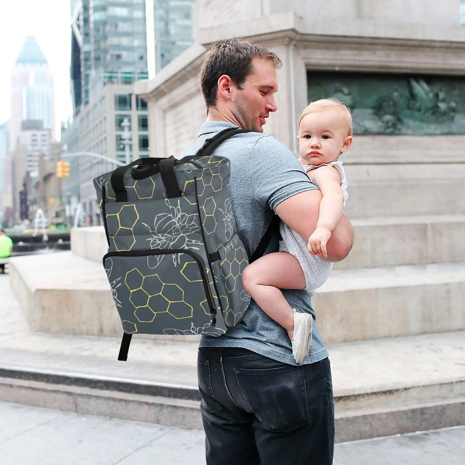 SPRIPORT Honeycomb Bees Diaper Bag Backpack for Baby Boys Girls Multifunction Travel Tote with Stroller Straps & Bottle Storage Large Travel Diaper Backpack for Moms Traveling Shopping Hiking