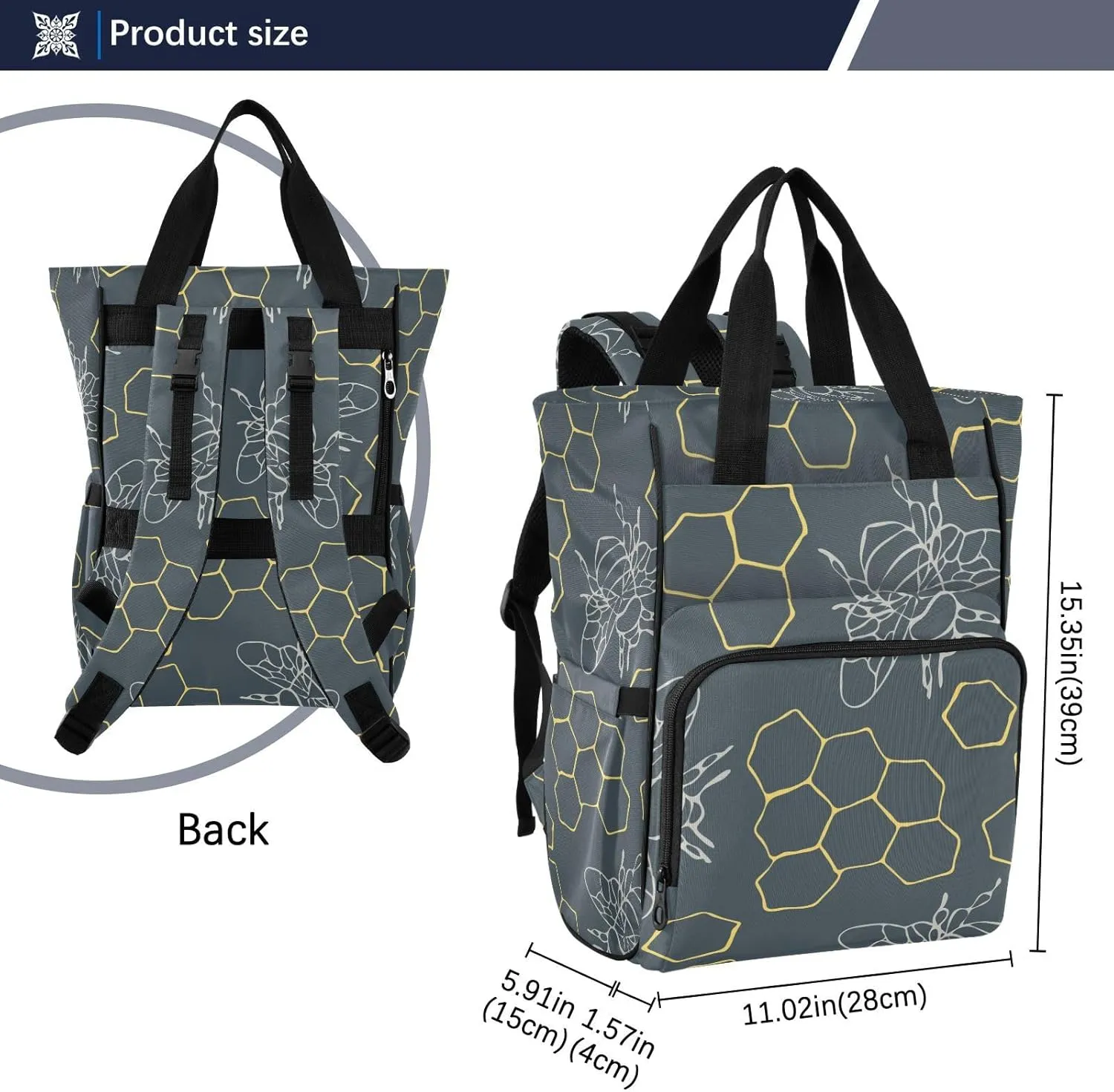 SPRIPORT Honeycomb Bees Diaper Bag Backpack for Baby Boys Girls Multifunction Travel Tote with Stroller Straps & Bottle Storage Large Travel Diaper Backpack for Moms Traveling Shopping Hiking