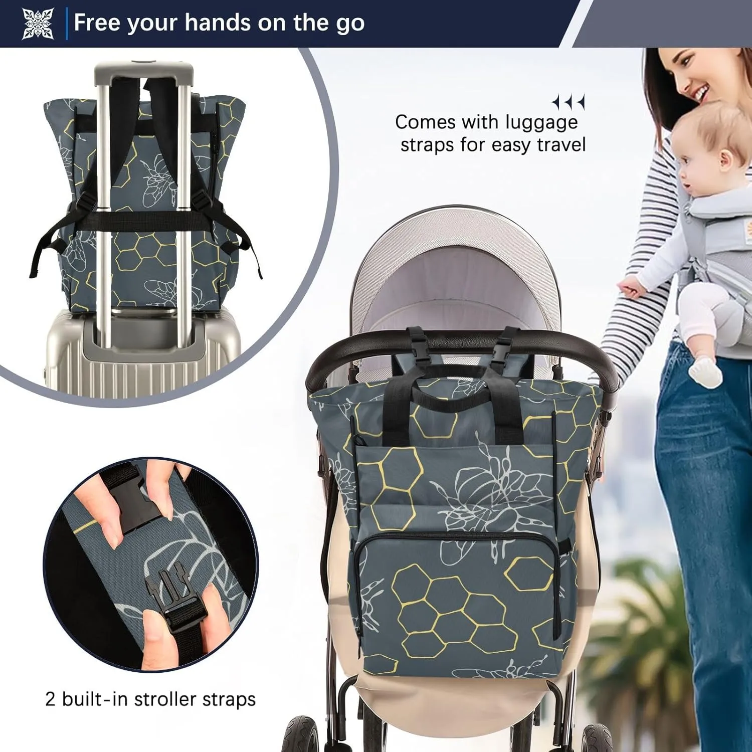 SPRIPORT Honeycomb Bees Diaper Bag Backpack for Baby Boys Girls Multifunction Travel Tote with Stroller Straps & Bottle Storage Large Travel Diaper Backpack for Moms Traveling Shopping Hiking