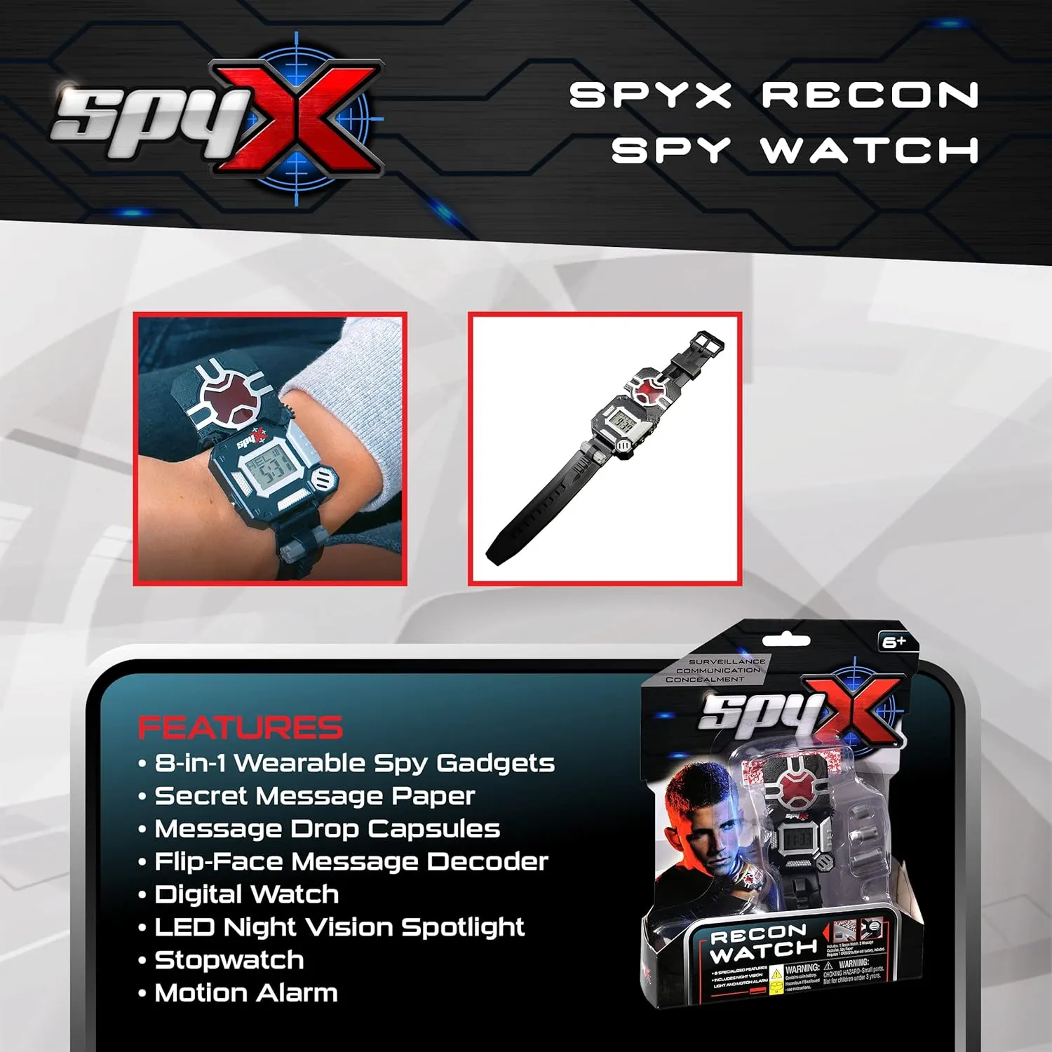 SpyX / Spy Recon Watch. 8-Function Spy Toy Watch: Led Spot Light, Stopwatch, Alarm, Decoder, Secret Message Paper & Capsules, and Motion Alarm. Perfect Addition for Your spy Gear Collection!