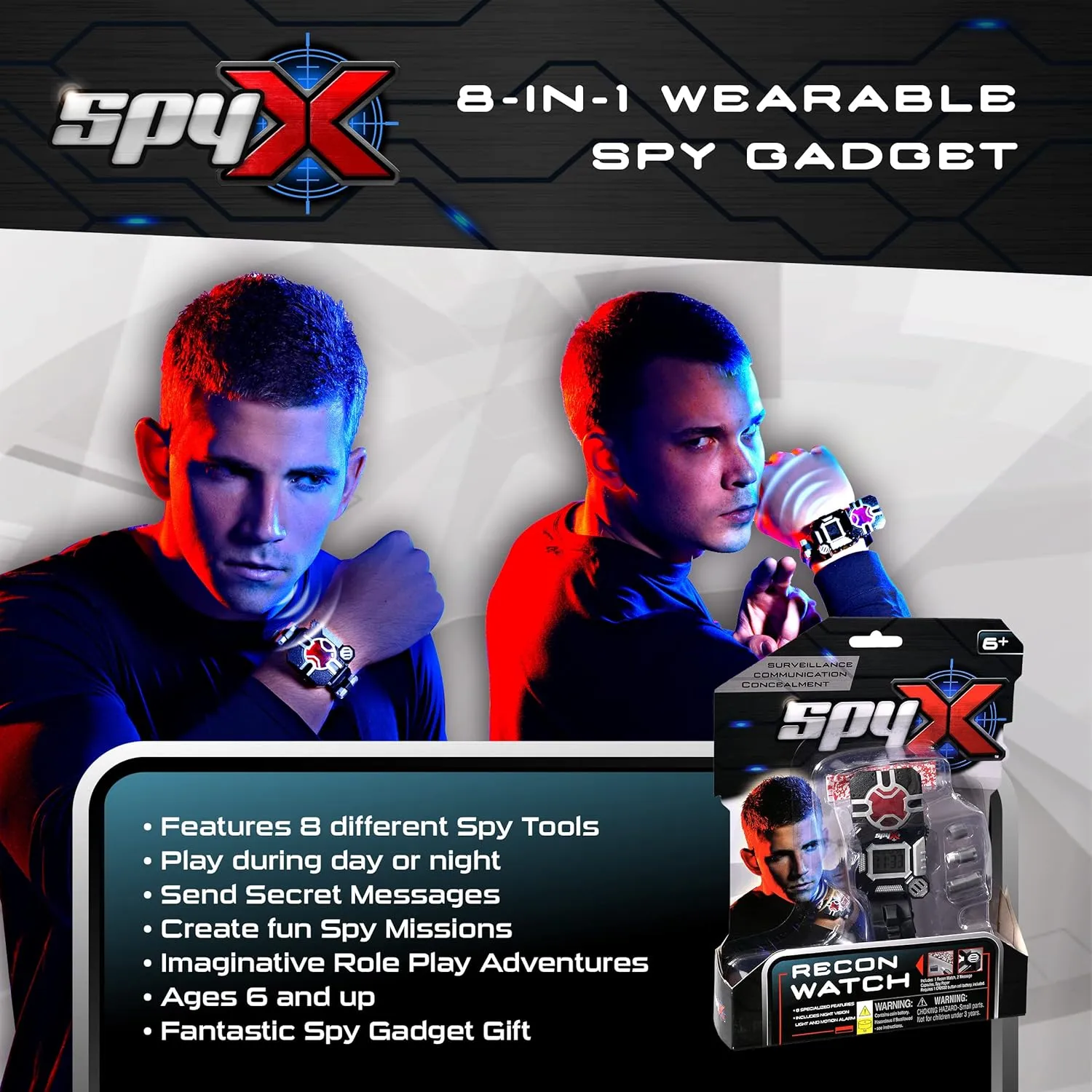 SpyX / Spy Recon Watch. 8-Function Spy Toy Watch: Led Spot Light, Stopwatch, Alarm, Decoder, Secret Message Paper & Capsules, and Motion Alarm. Perfect Addition for Your spy Gear Collection!