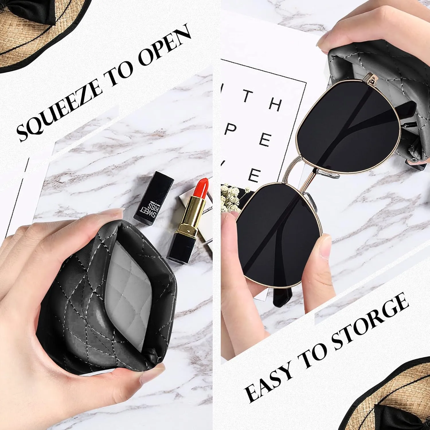 Squeeze Top Sunglass Pouch - Portable Sunglass Organizer Pouch Bags Soft PU Leather Glasses 2 Pack