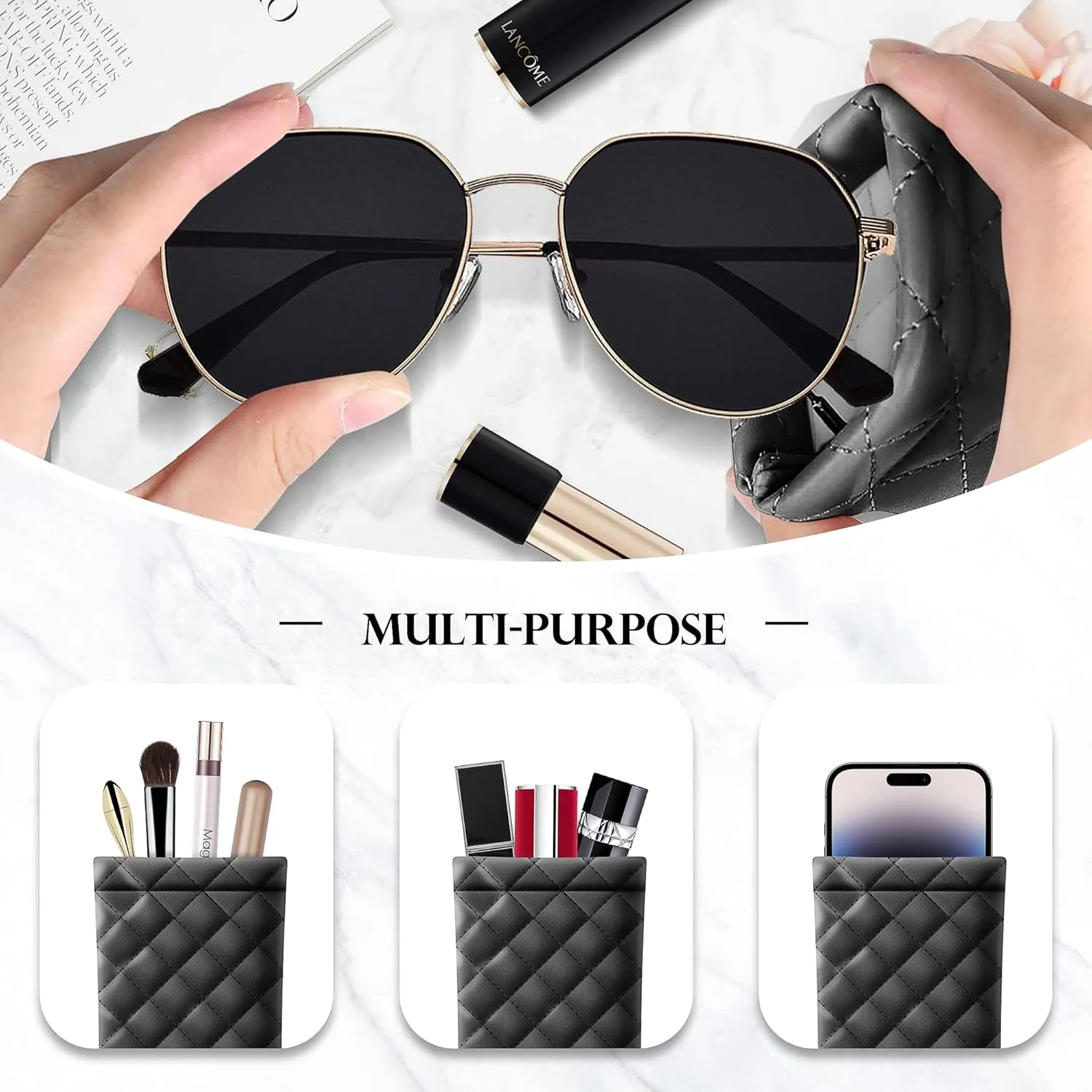 Squeeze Top Sunglass Pouch - Portable Sunglass Organizer Pouch Bags Soft PU Leather Glasses 2 Pack