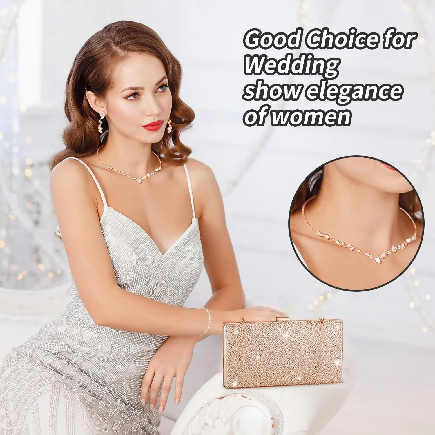 stablerice 4 Pieces Women Rhinestone Evening Clutch Bag Silver Clutch Purses Bag for Women Evening Rhinestone Jewelry Set