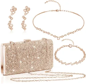 stablerice 4 Pieces Women Rhinestone Evening Clutch Bag Silver Clutch Purses Bag for Women Evening Rhinestone Jewelry Set