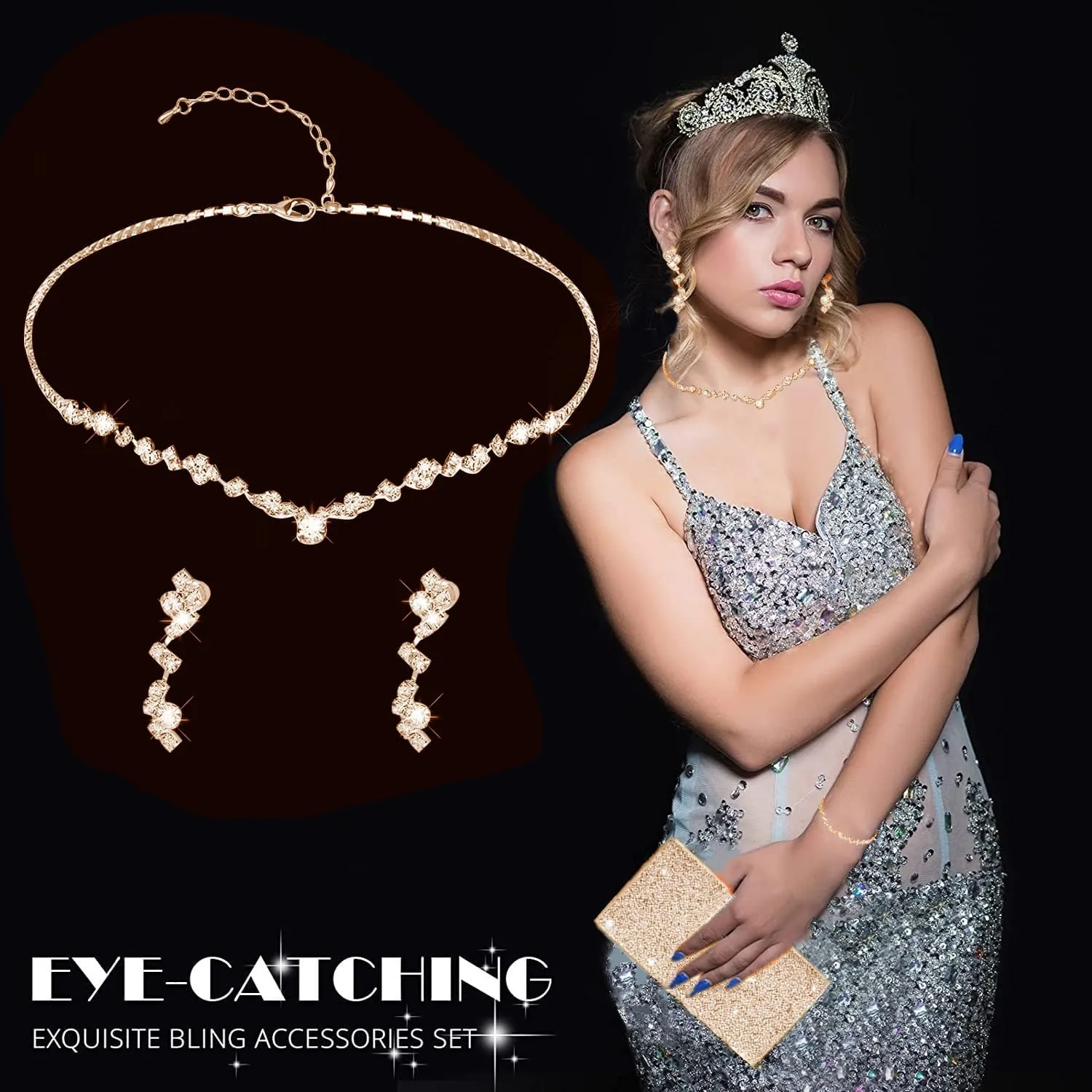 stablerice 4 Pieces Women Rhinestone Evening Clutch Bag Silver Clutch Purses Bag for Women Evening Rhinestone Jewelry Set