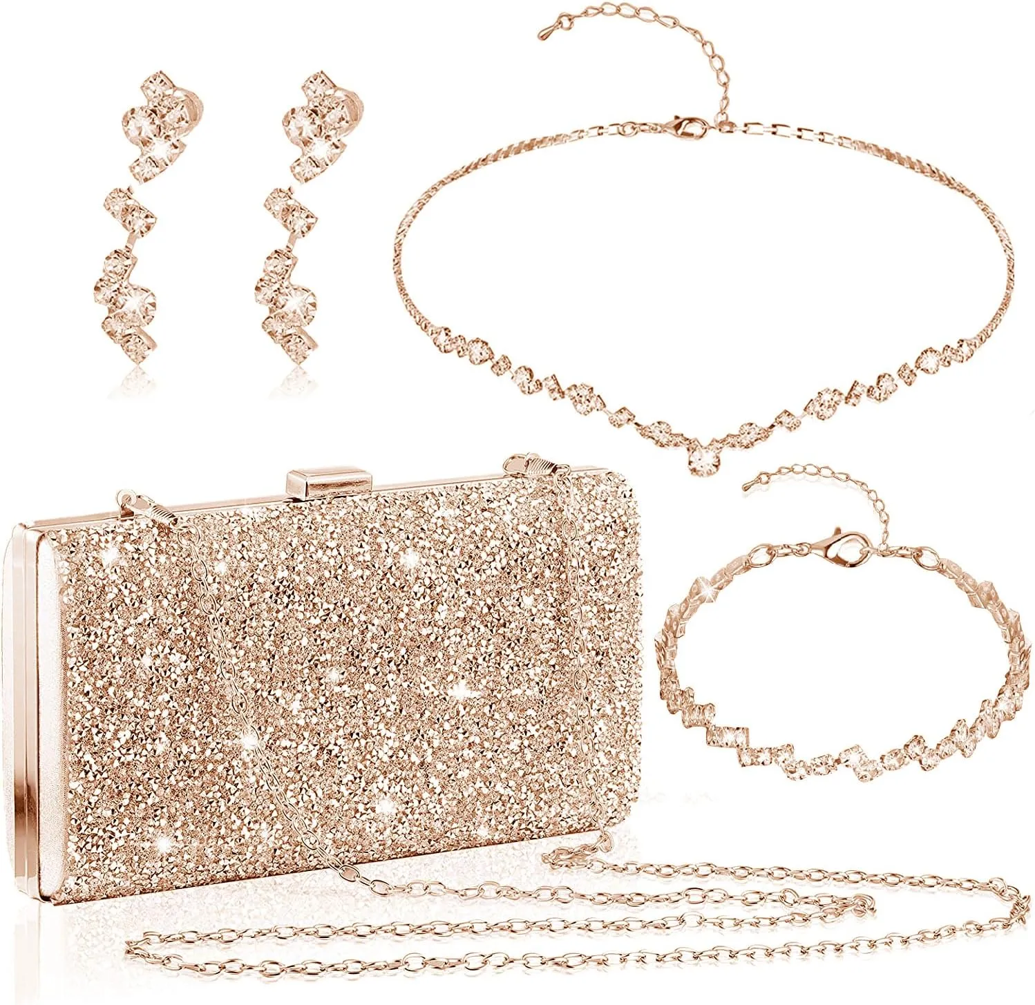 stablerice 4 Pieces Women Rhinestone Evening Clutch Bag Silver Clutch Purses Bag for Women Evening Rhinestone Jewelry Set